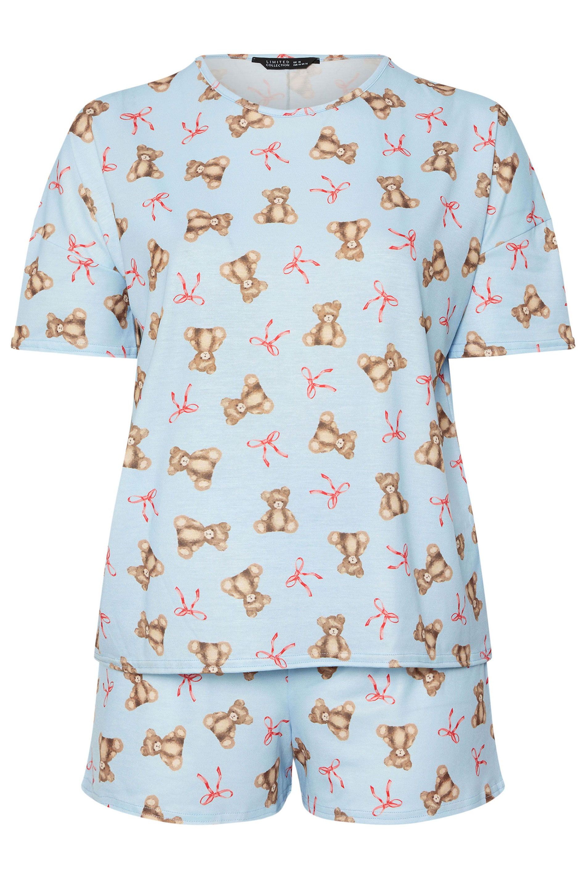 LIMITED COLLECTION Plus Size Set Blue Teddy Bear Bow Short Pyjama | Yours Clothing 5