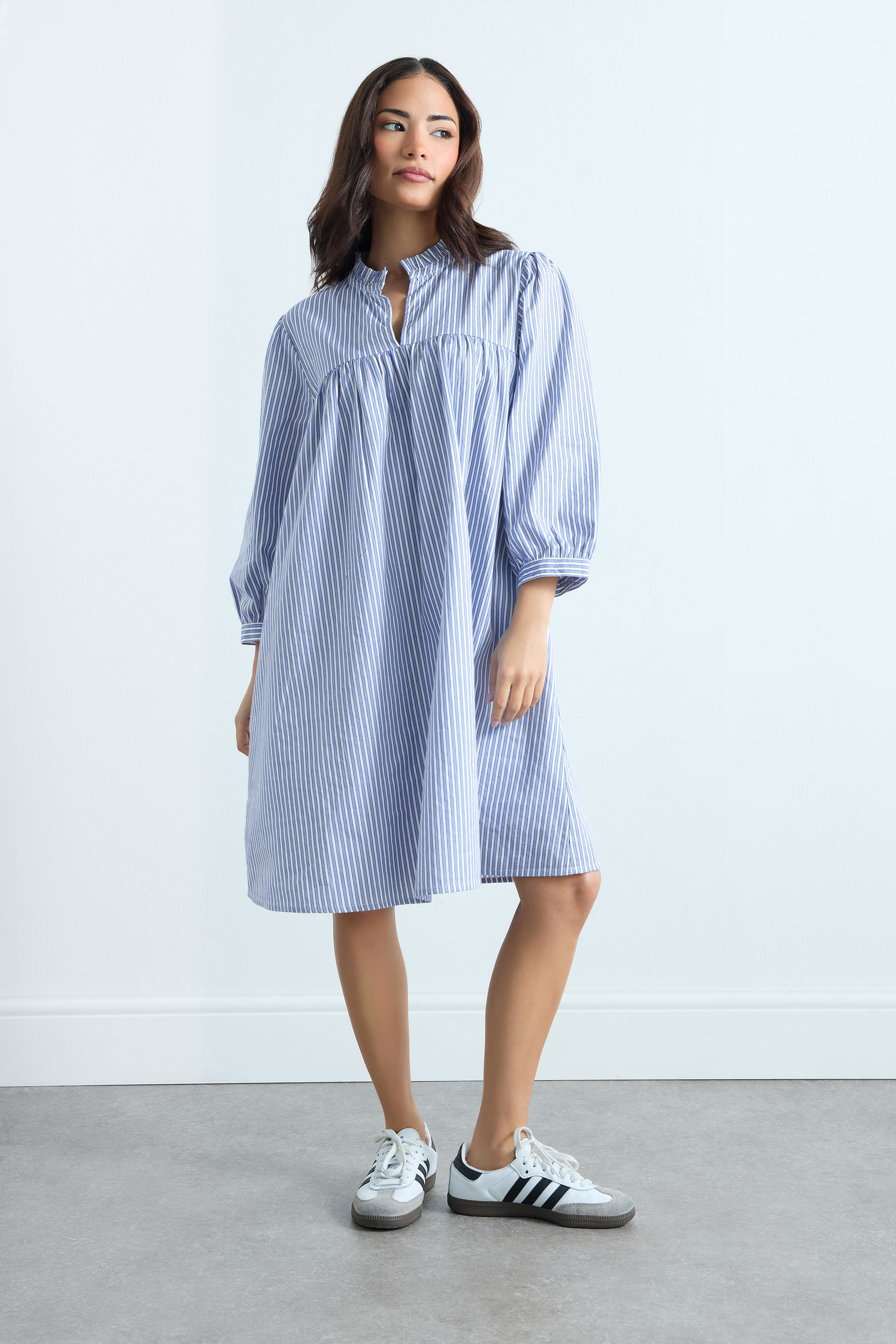PixieGirl Petite Women's Blue Stripe Smock Cotton Dress | PixieGirl 3