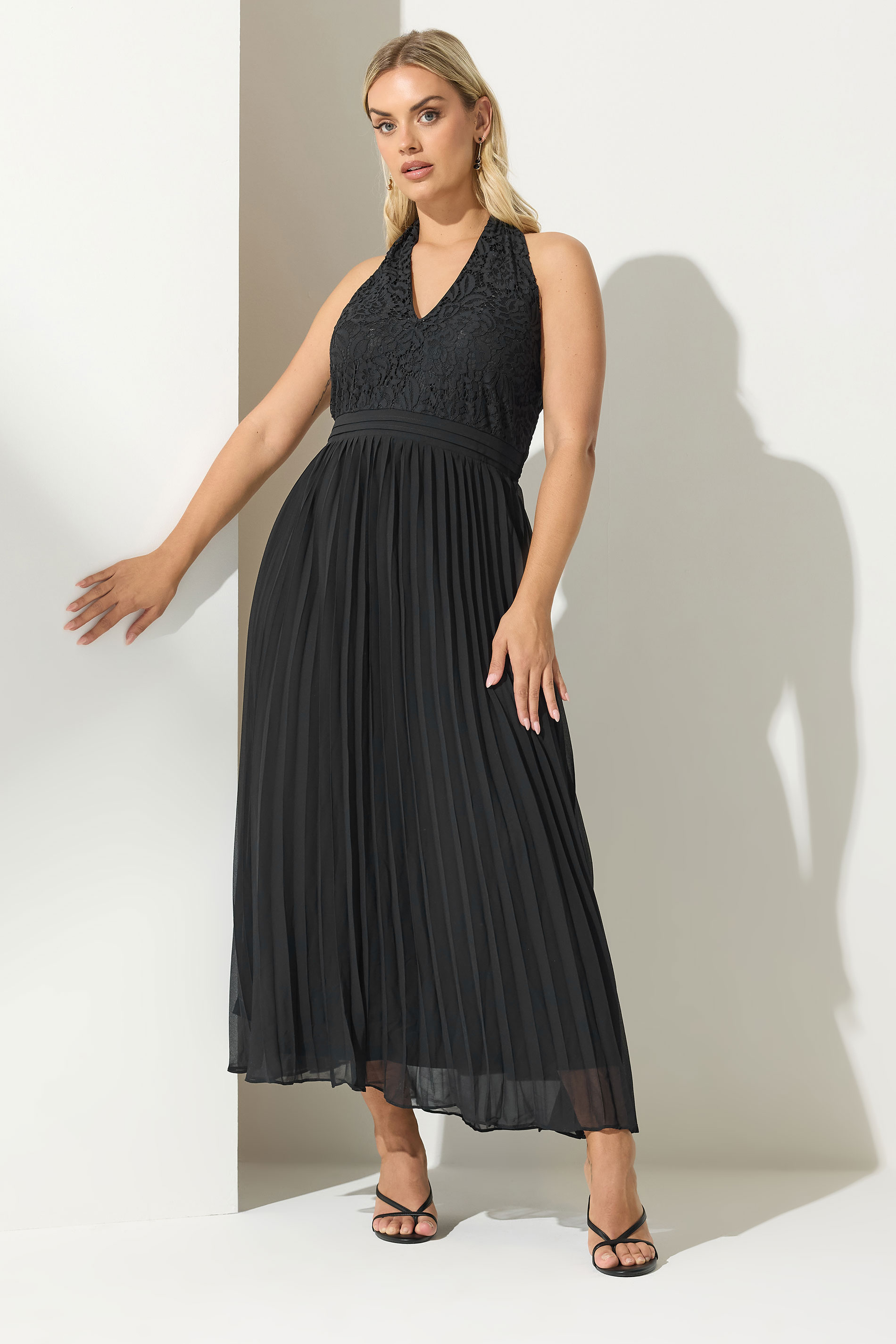 YOURS LONDON Plus Size Black Lace Halterneck Maxi Dress | Yours Clothing  1