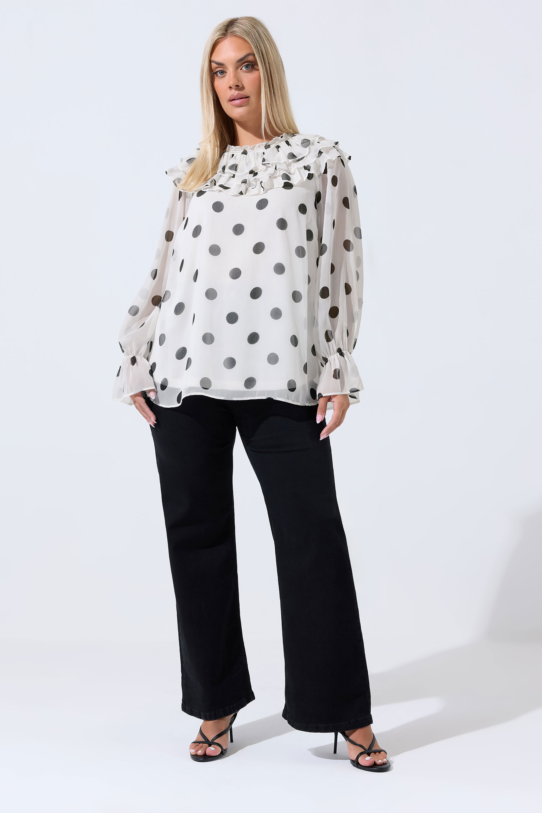 LIMITED COLLECTION Plus Size White Polka Dot Frill Neck Blouse | Yours Clothing 2