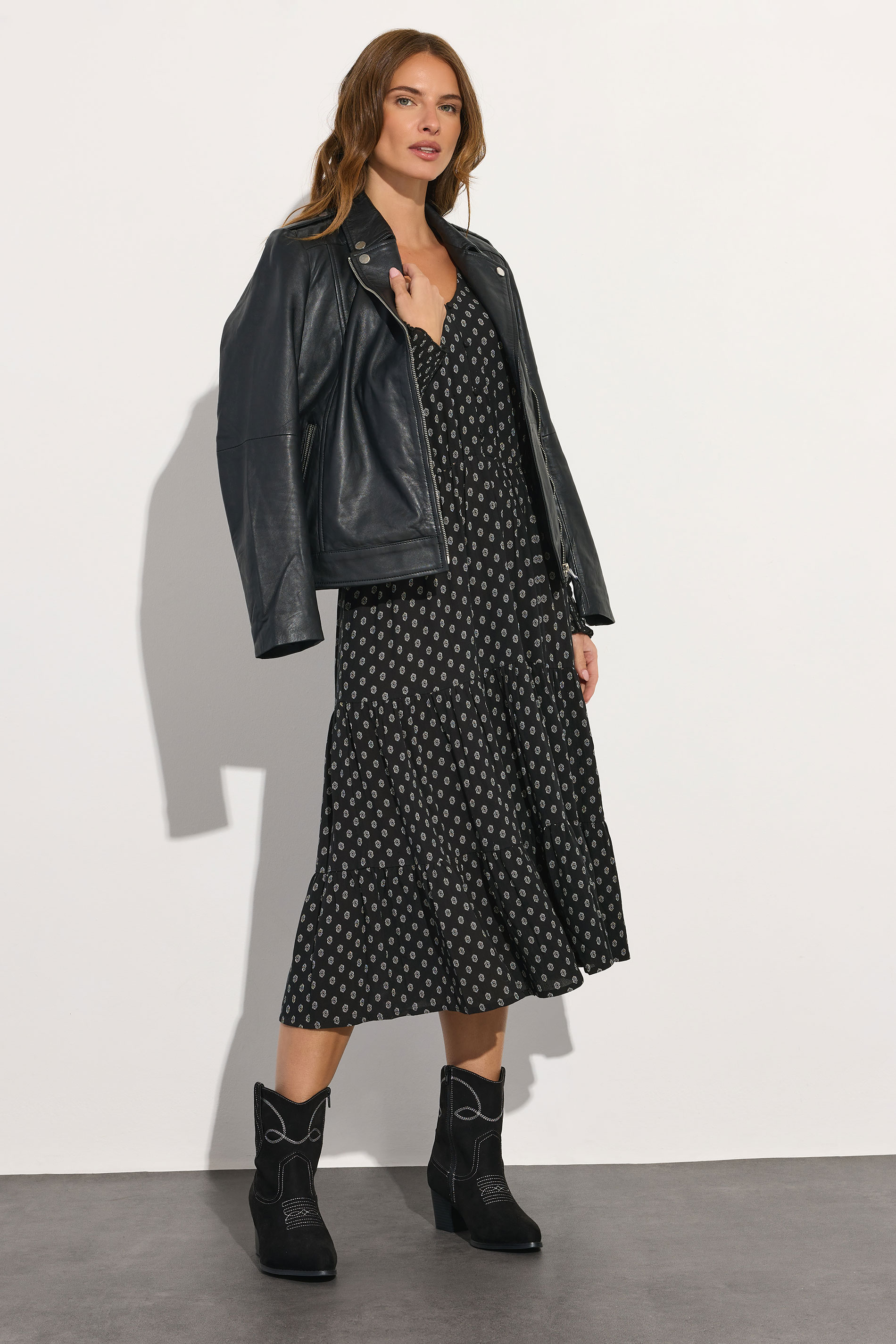 M&Co Black Dobby Long Sleeve Tiered Midi Dress | M&Co 2