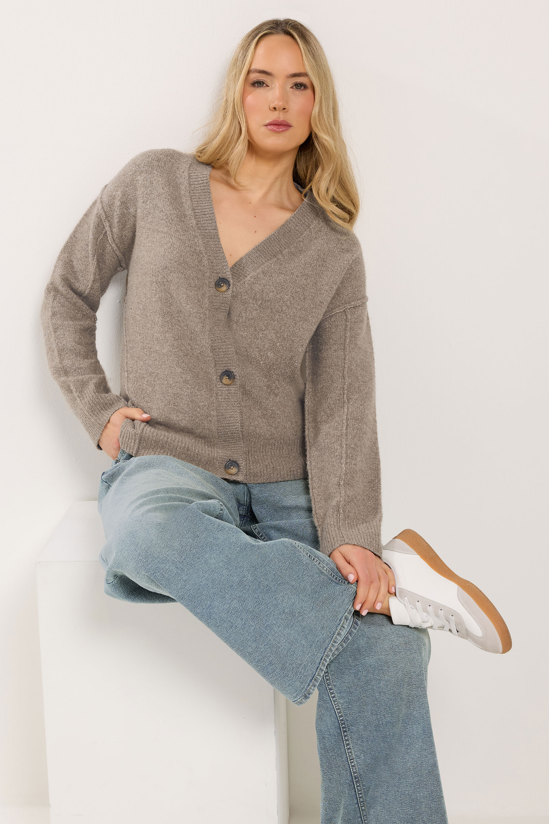 LTS Tall Brown Seam Detail Knitted Cardigan | Long Tall Sally 1