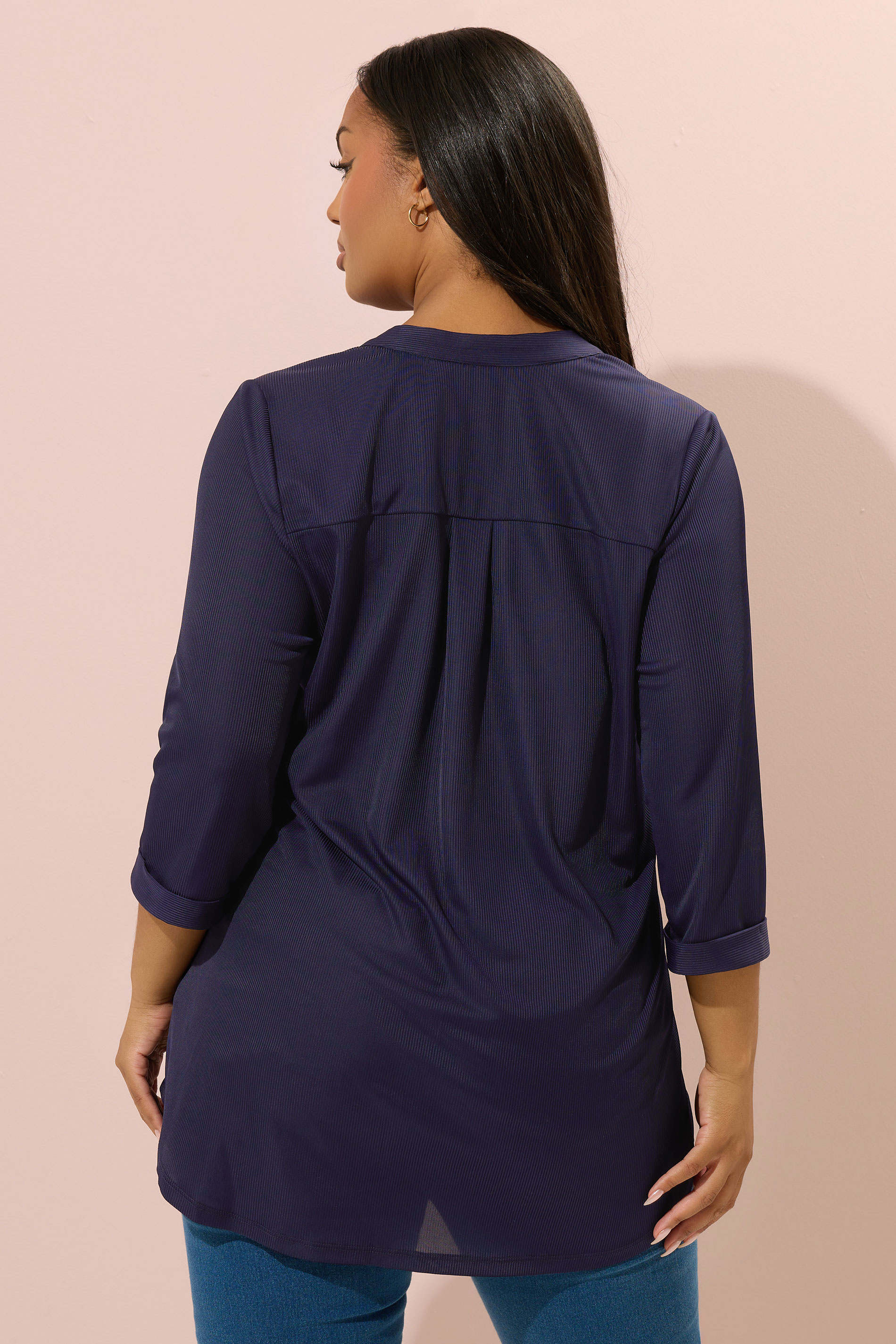 YOURS Plus Size Navy Blue Half Placket Ribbed Shirt | Yours Clothing 2