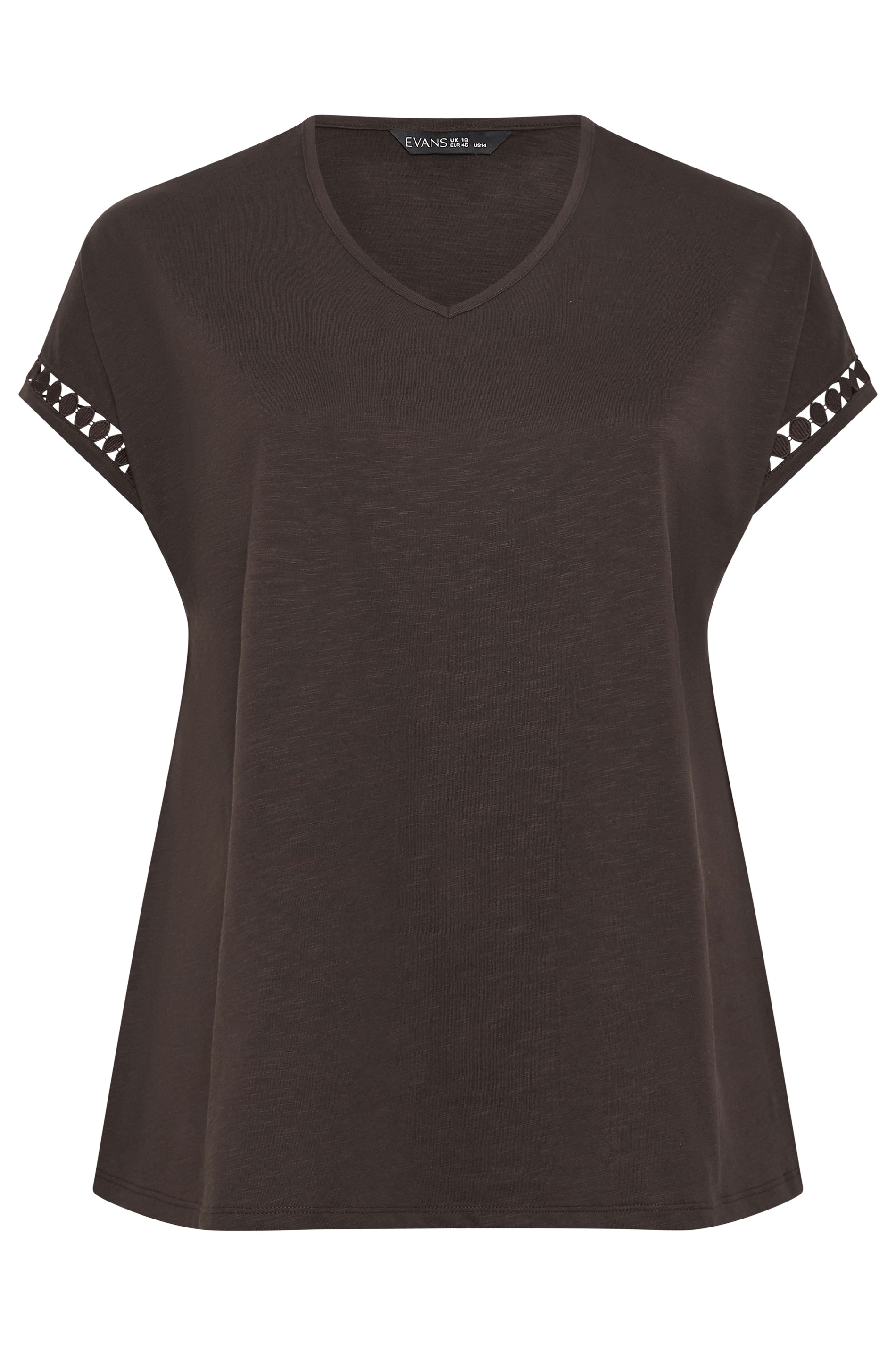 EVANS Plus Size Chocolate Brown Crochet Trim Cotton V Neck T-Shirt | Evans 5
