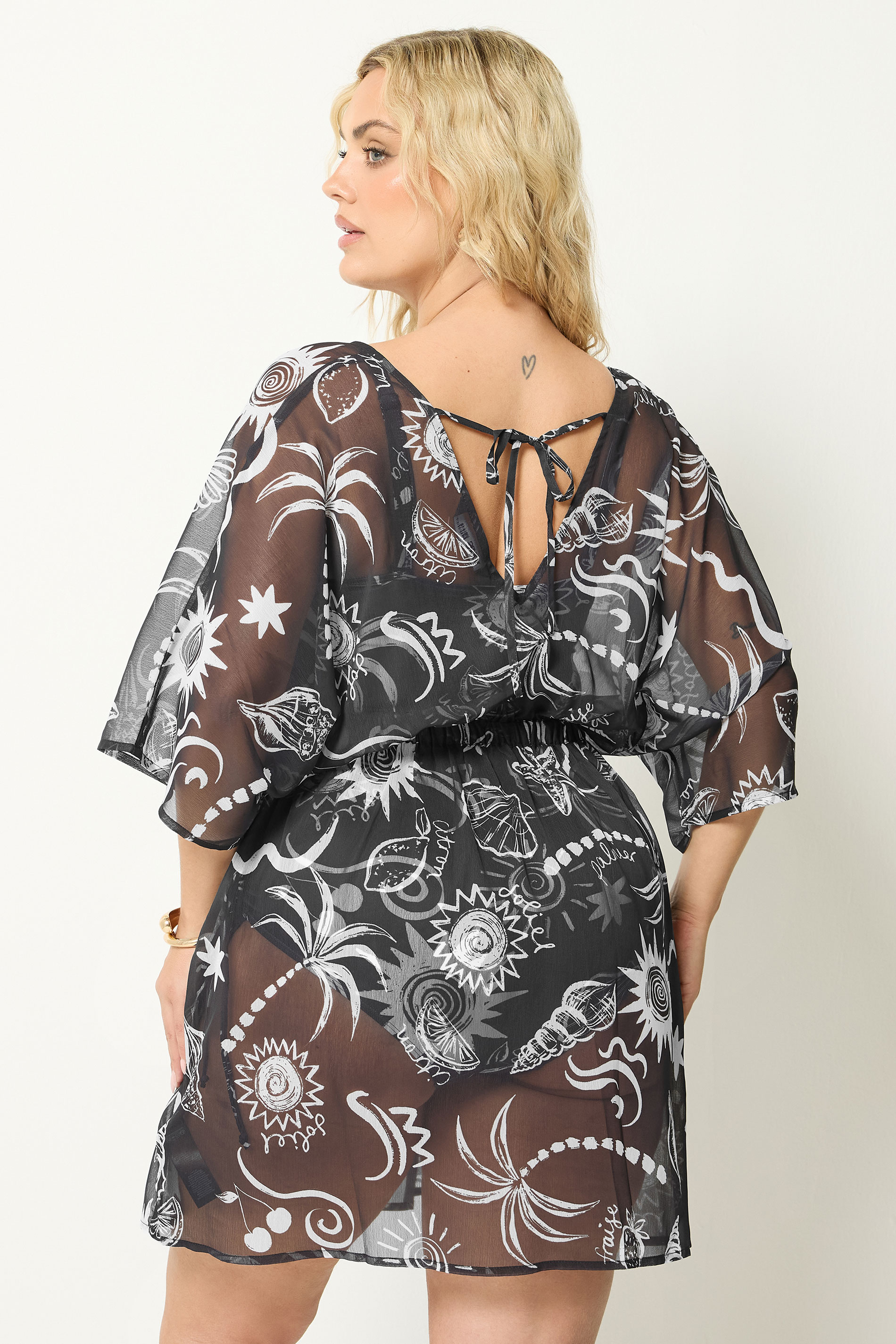 YOURS Plus Size Black Beach Print Mesh Flower Print Beach Kaftan | Yours Clothing 2