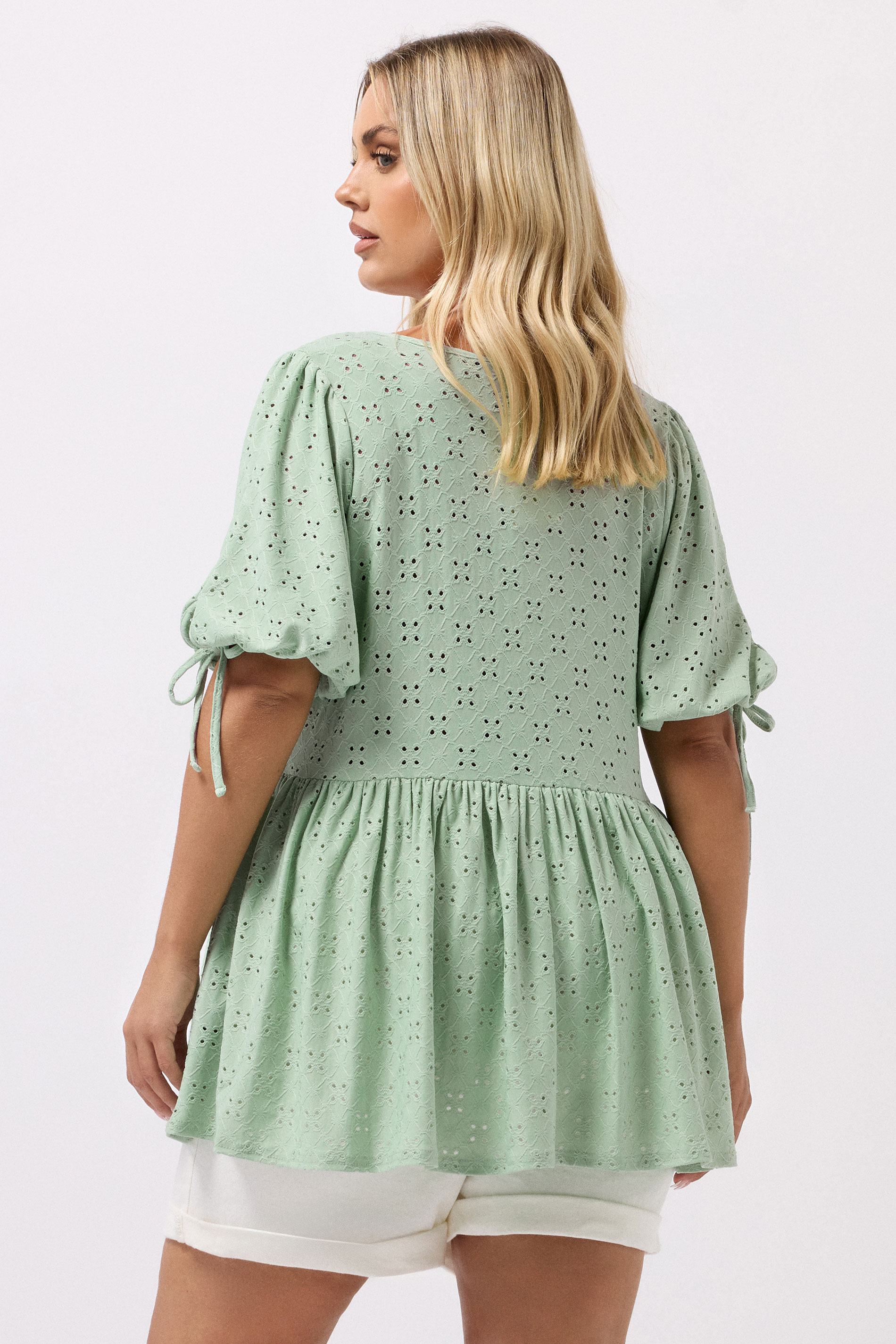 YOURS Plus Size Green Broderie Anglaise Tie Front Peplum Top | Yours Clothing 5