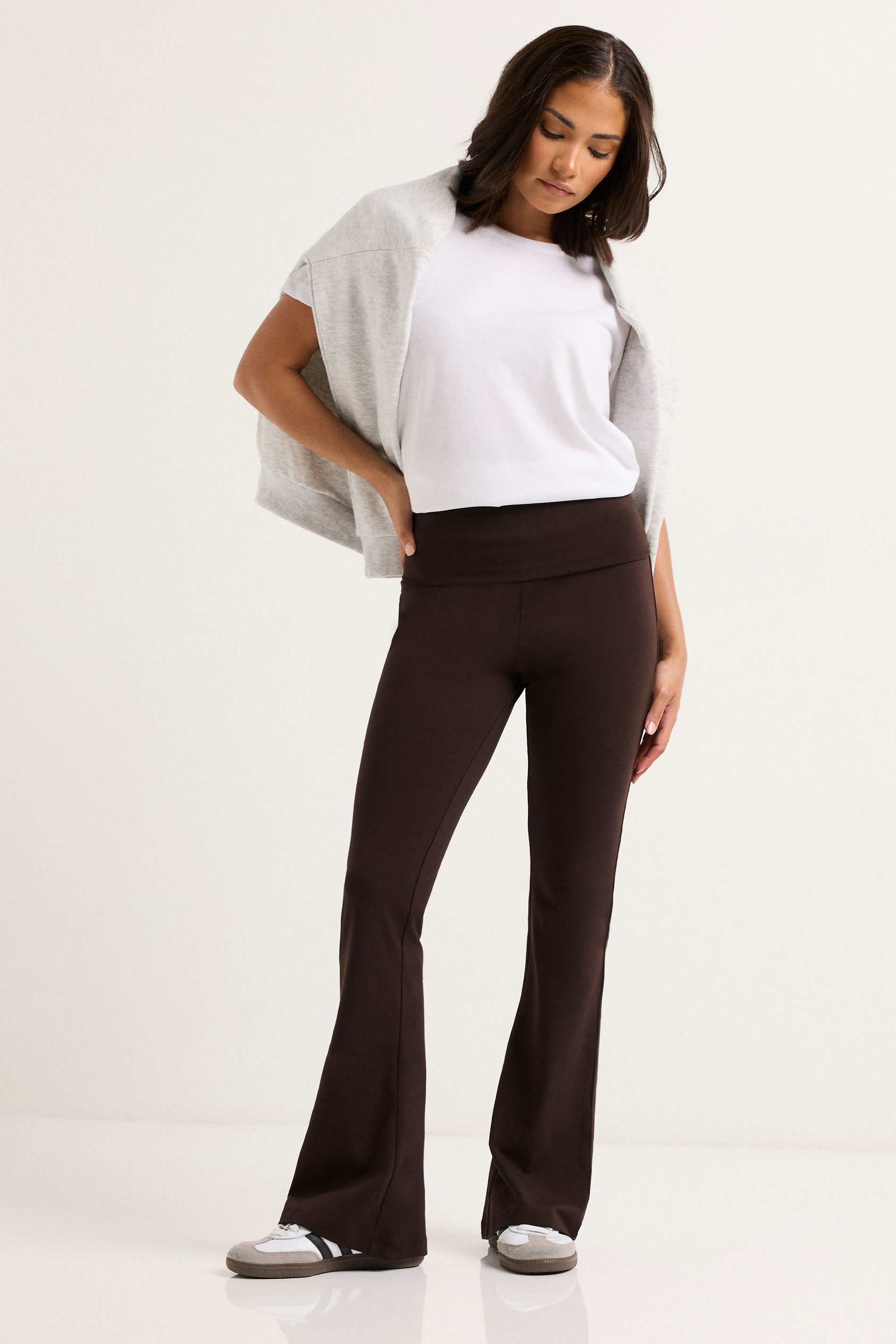 PixieGirl Petite Women's Chocolate Brown Fold Over Flared Leggings | PixieGirl 3