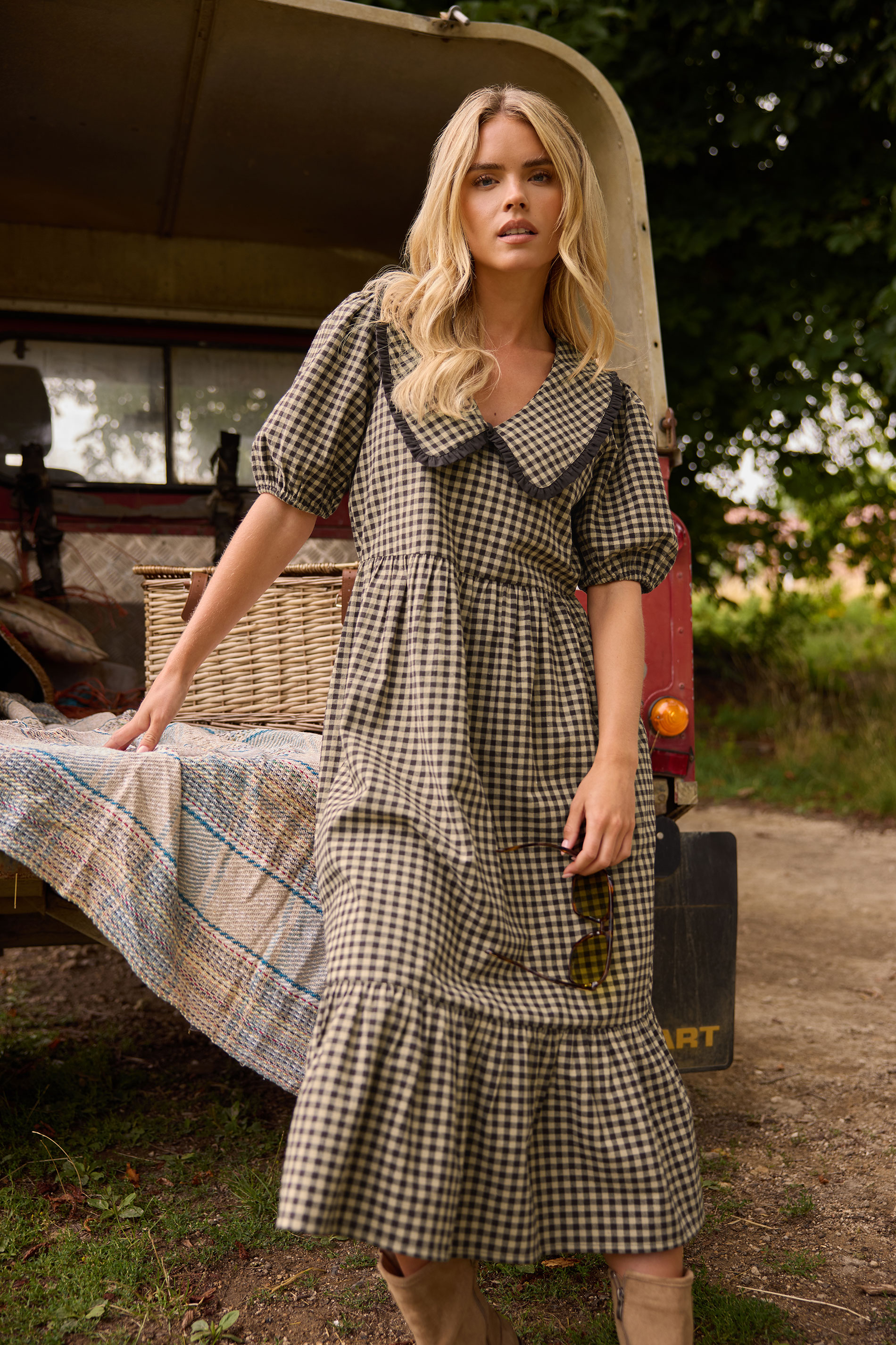 PixieGirl Petite Women's Brown Gingham Big Collar Cotton Maxi Dress | PixieGirl 3