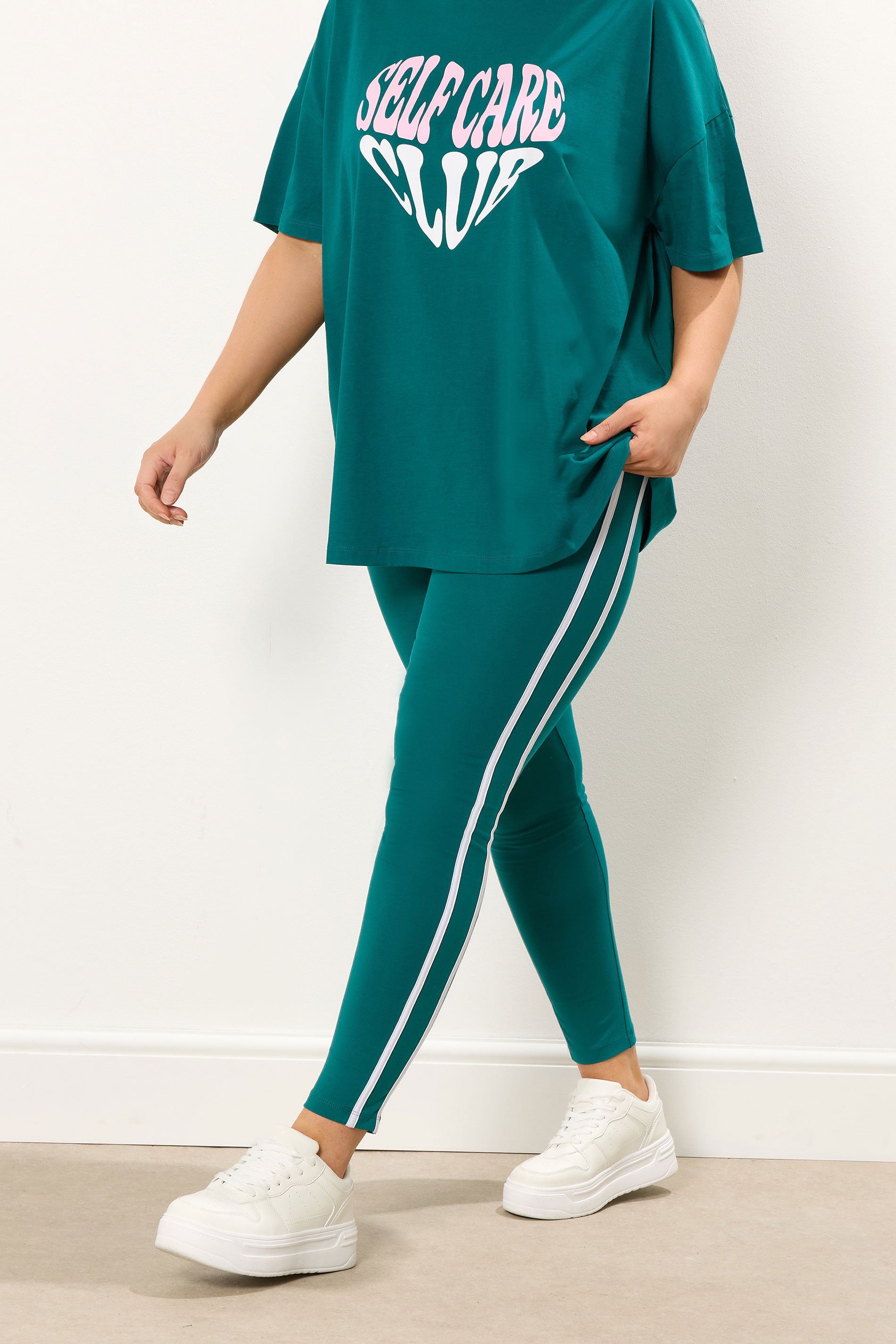YOURS ACTIVE Plus Size Teal Green Side Stripe Leggings | Yours Clothing 3