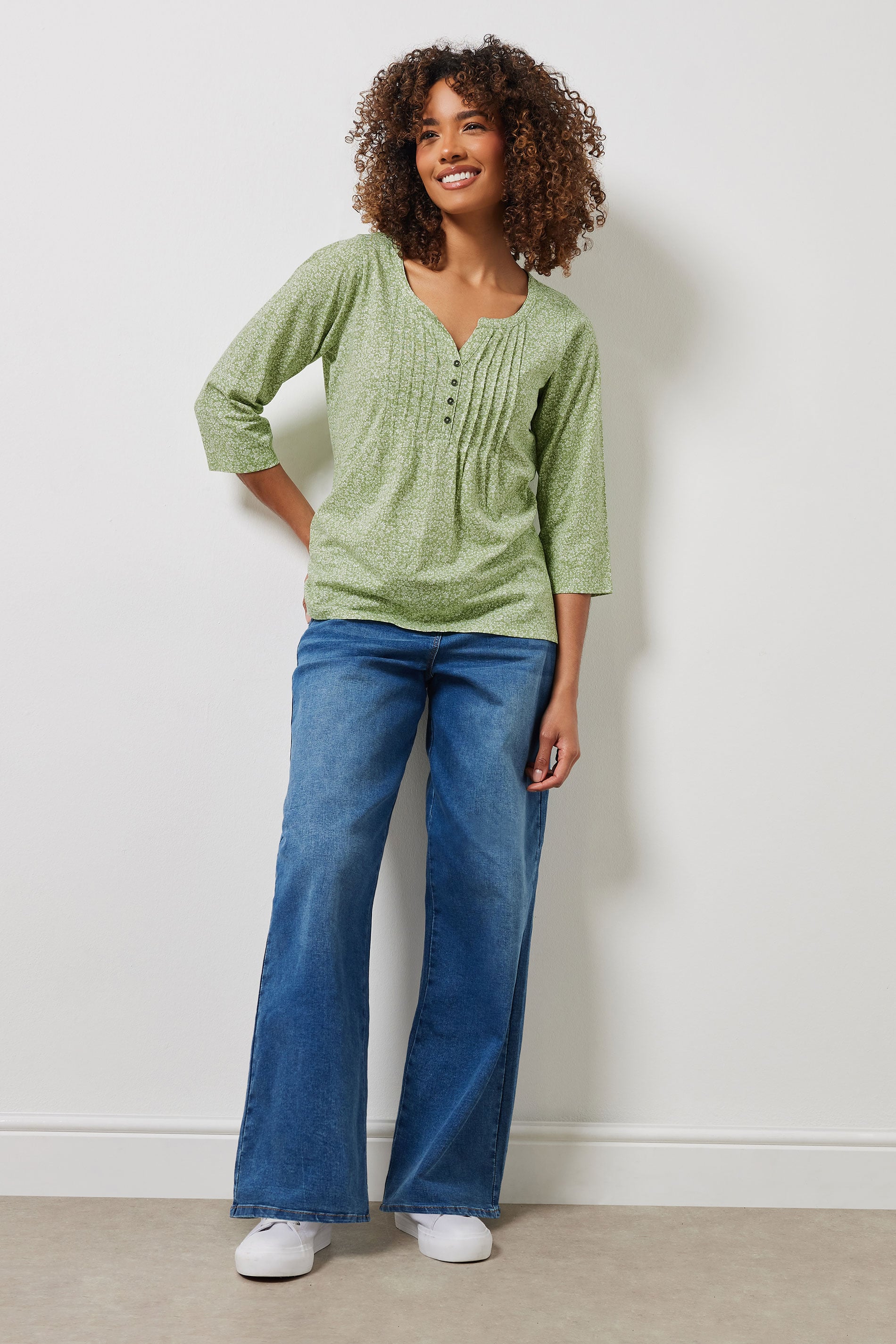 M&Co Green Floral Print Long Sleeve Cotton Henley Top | M&Co 2