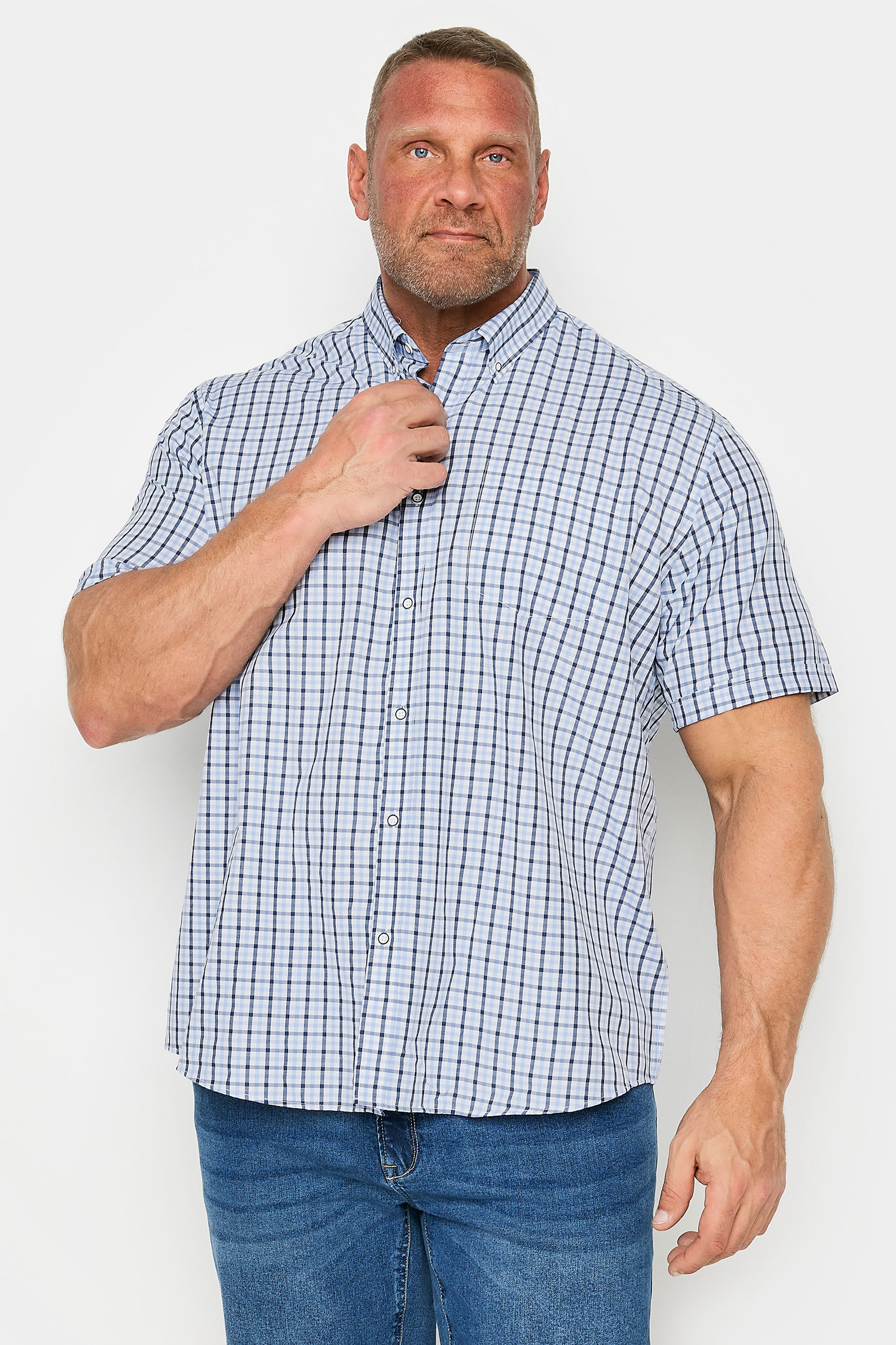 KAM Big & Tall Blue Short Sleeve Gingham Shirt | BadRhino 3