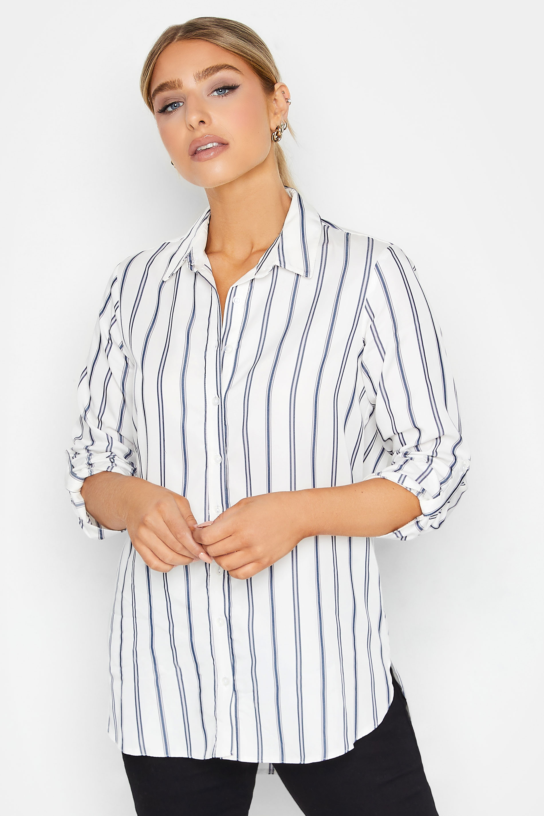 M&Co White & Navy Blue Stripe Tab Sleeve Shirt | M&Co 1