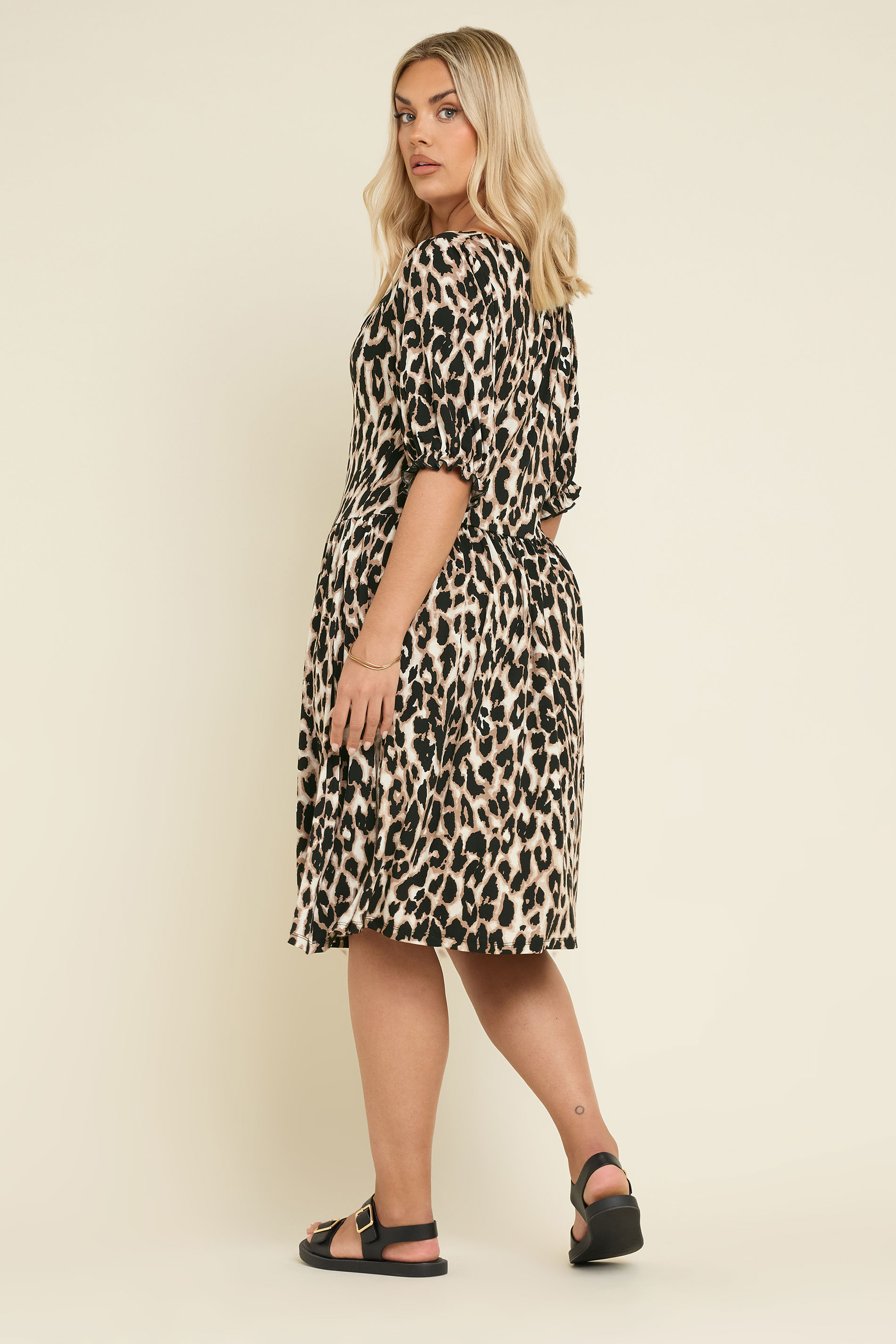 YOURS Plus Size Natural Brown Leopard Tie Neck Mini Dress | Yours Clothing 2