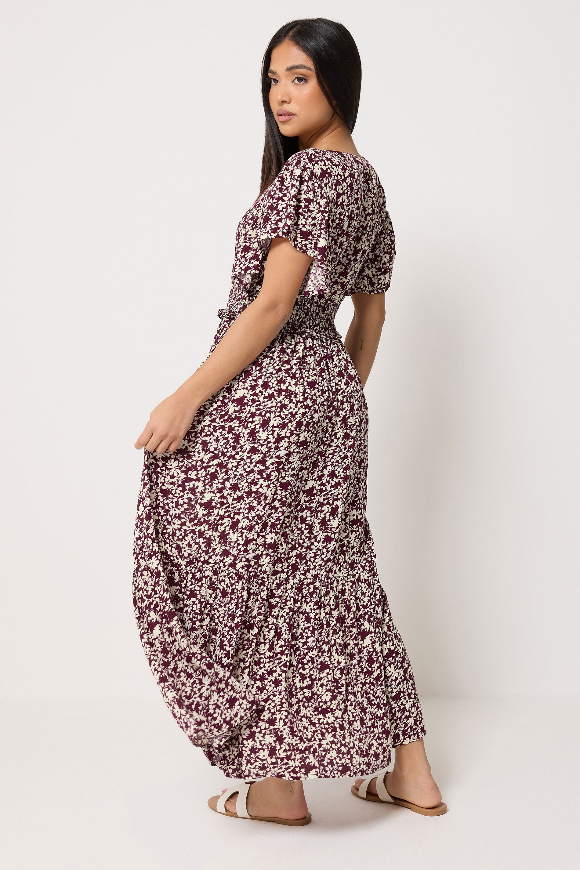 M&Co Petite Berry Purple Floral Shirred Waist Maxi Dress | M&Co 4