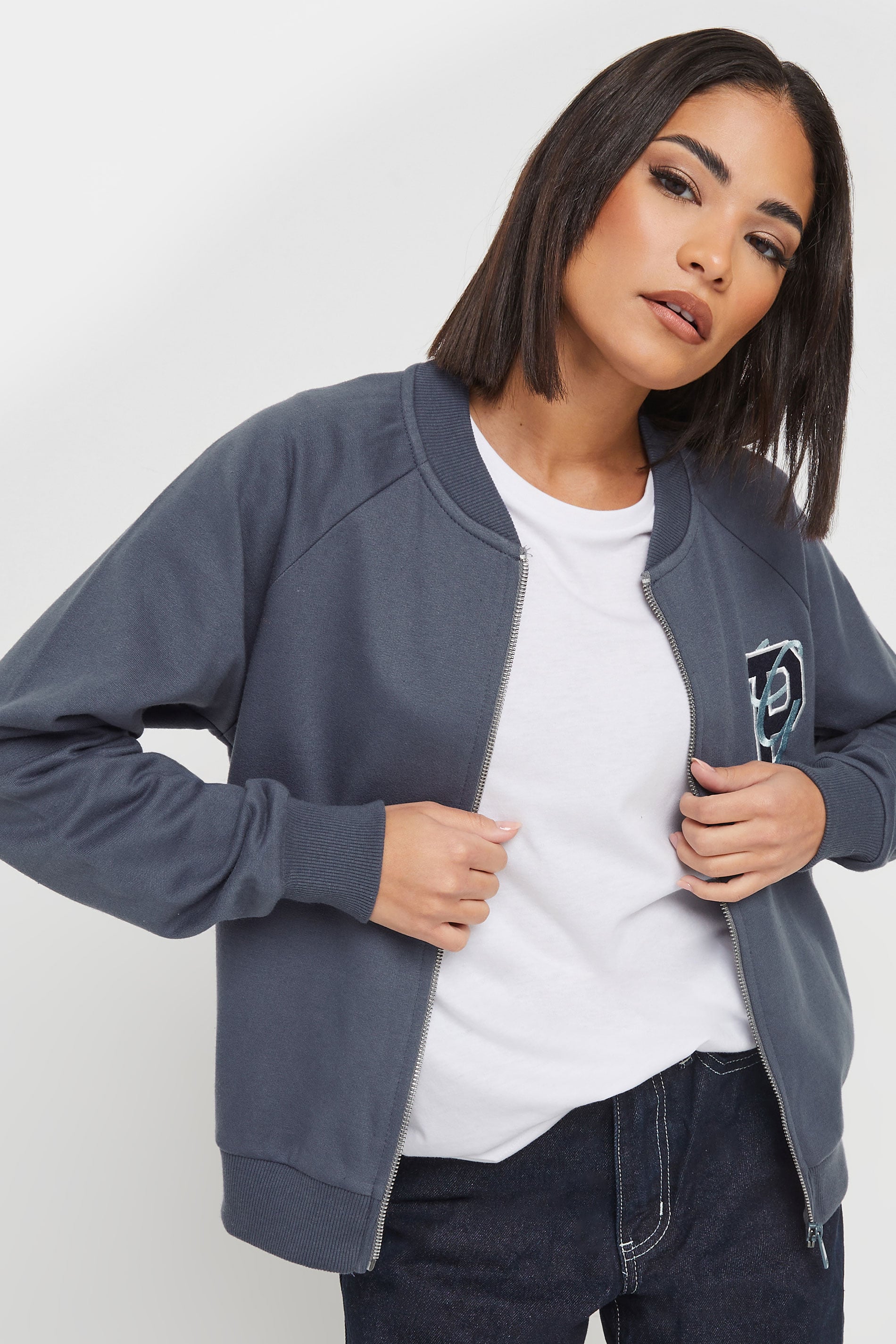 PixieGirl Petite Women's Blue Embroidered Initial Jersey Bomber Jacket | PixieGirl 3