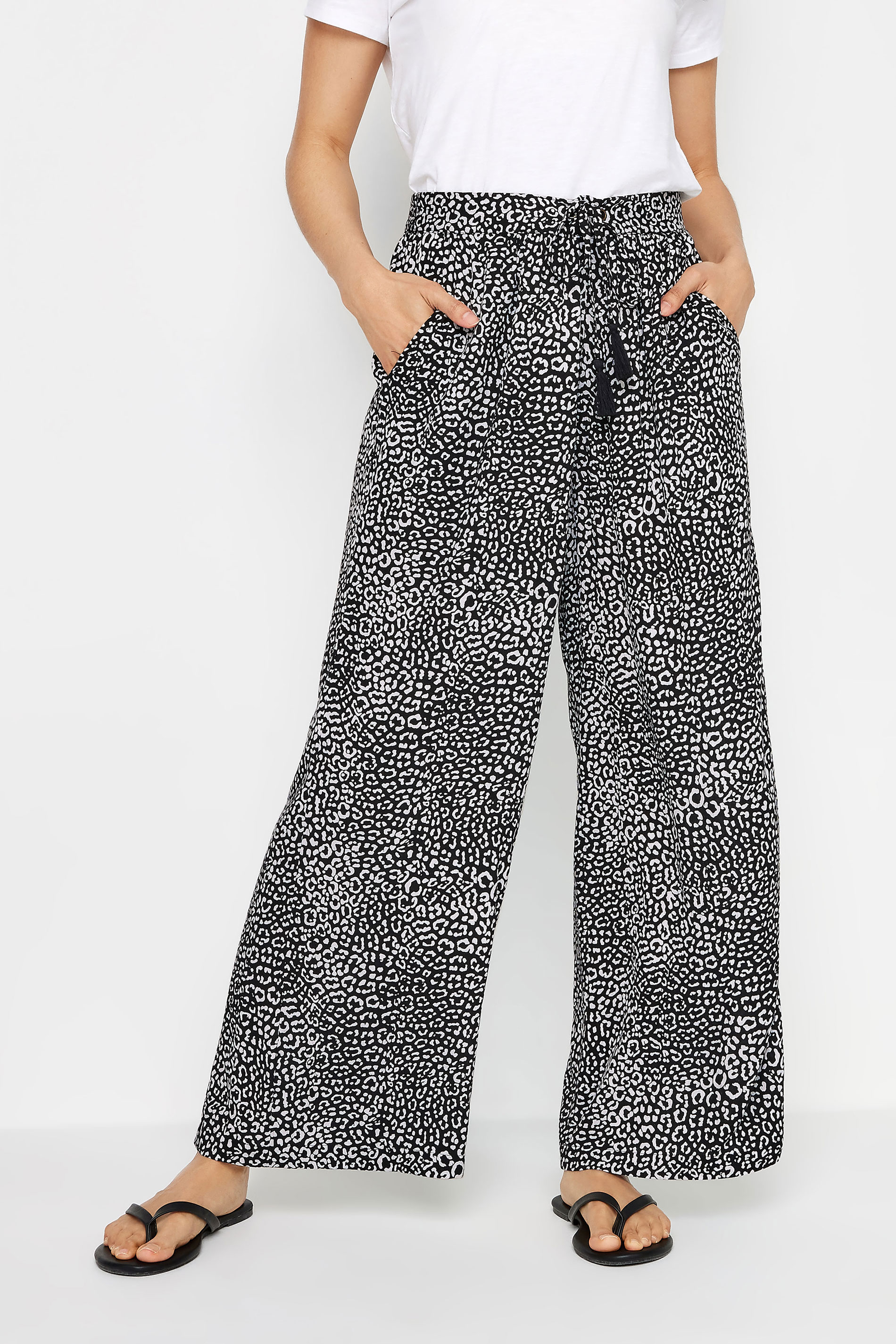 M&Co Black Leopard Animal Print Tassel Detail Wide Leg Trousers | M&Co 1
