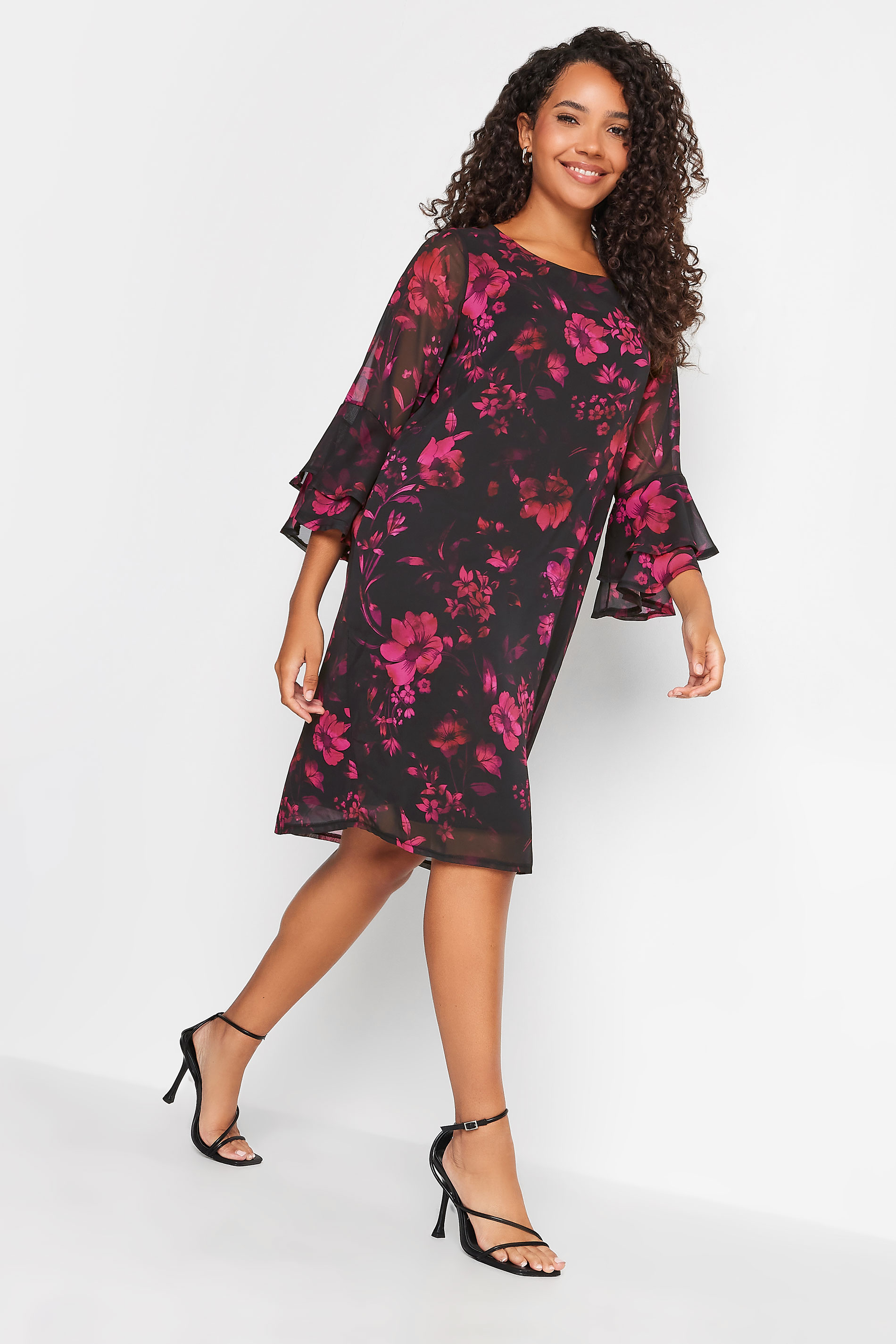 M&Co Black Floral Print Flute Sleeve Shift Dress | M&Co 3