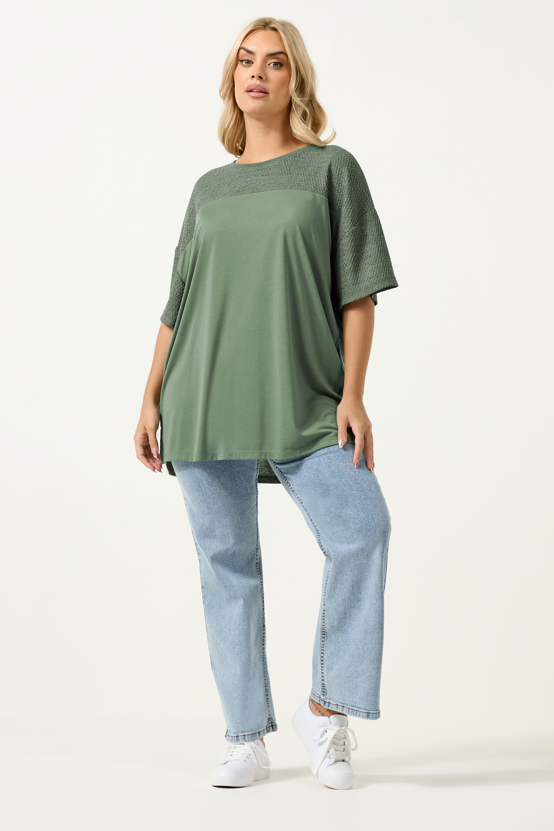 YOURS Plus Size Khaki Green Woven Panel Oversized T-Shirt | Yours Clothing 1