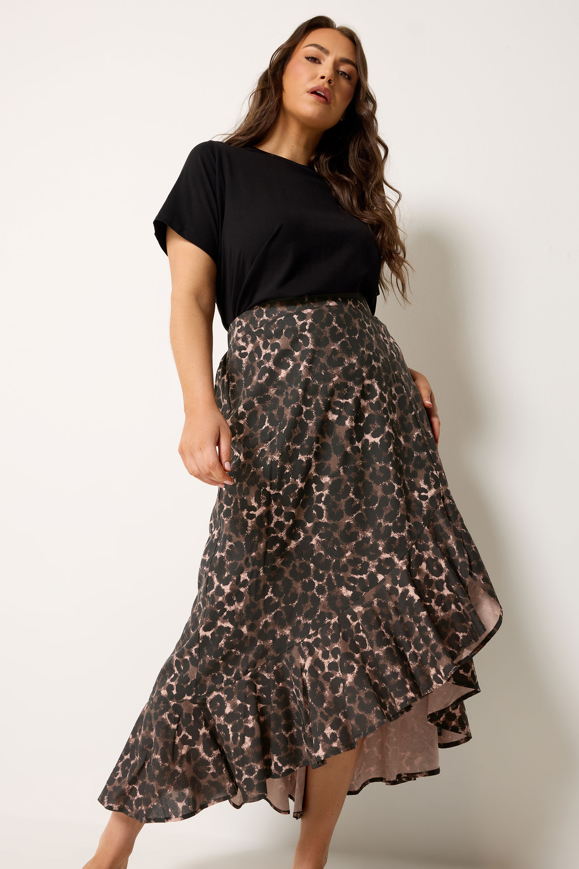 YOURS Plus Size Chocolate Brown Leopard Print Ruffle Skirt | Yours Clothing 1