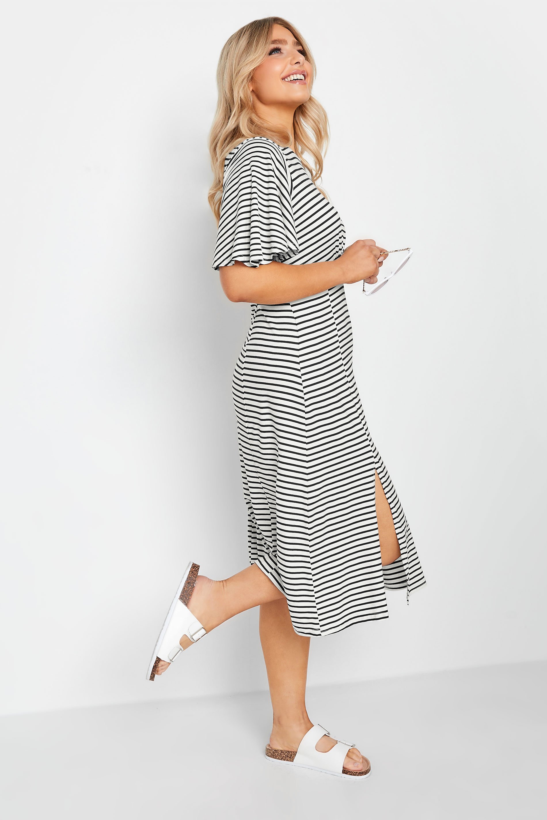 M&Co White Stripe Print Angel Sleeve Split Hem Midi Dress | M&Co 1