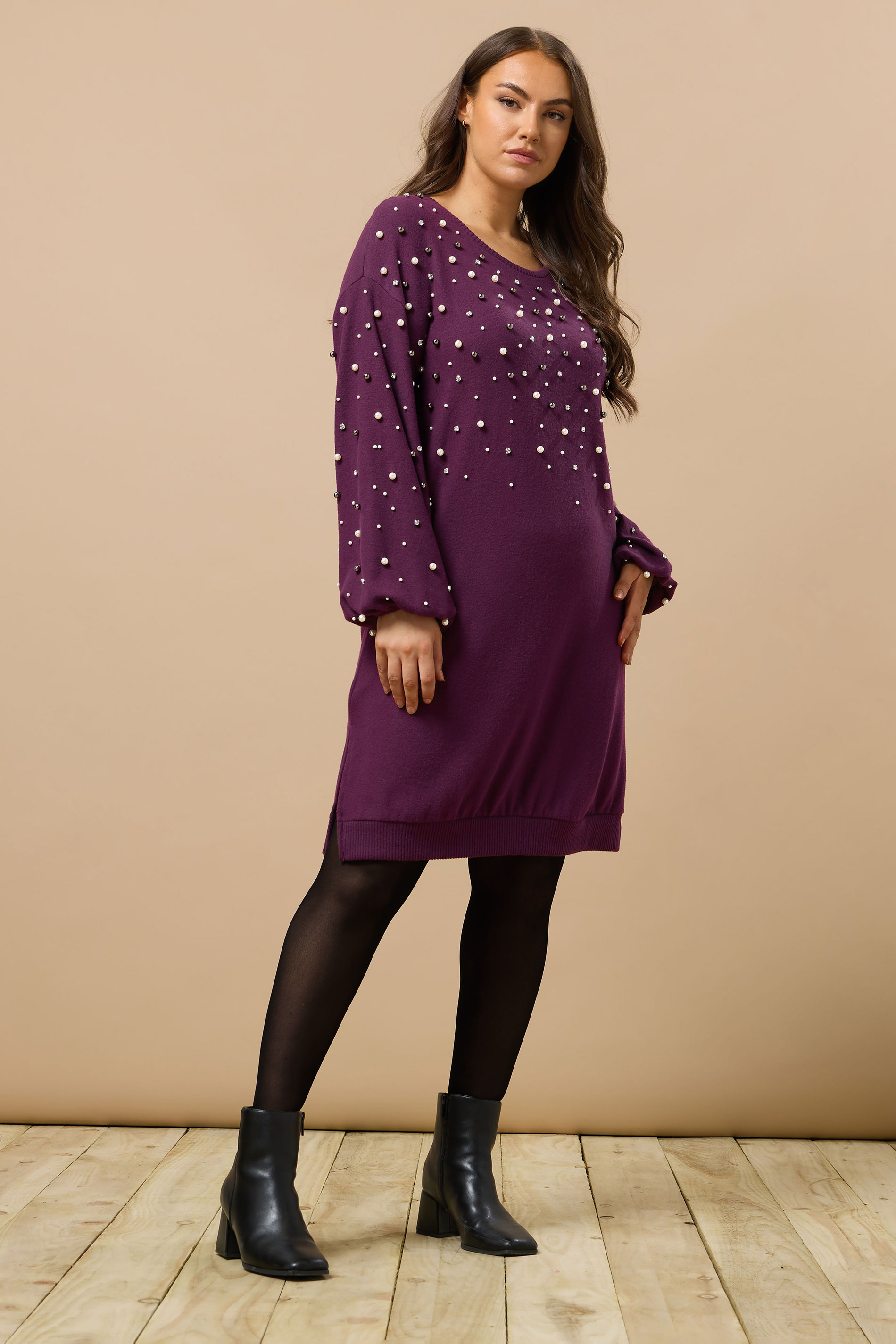 EVANS Plus Size Purple Pearl Embellished Soft Touch Jumper Dress | Evans 1