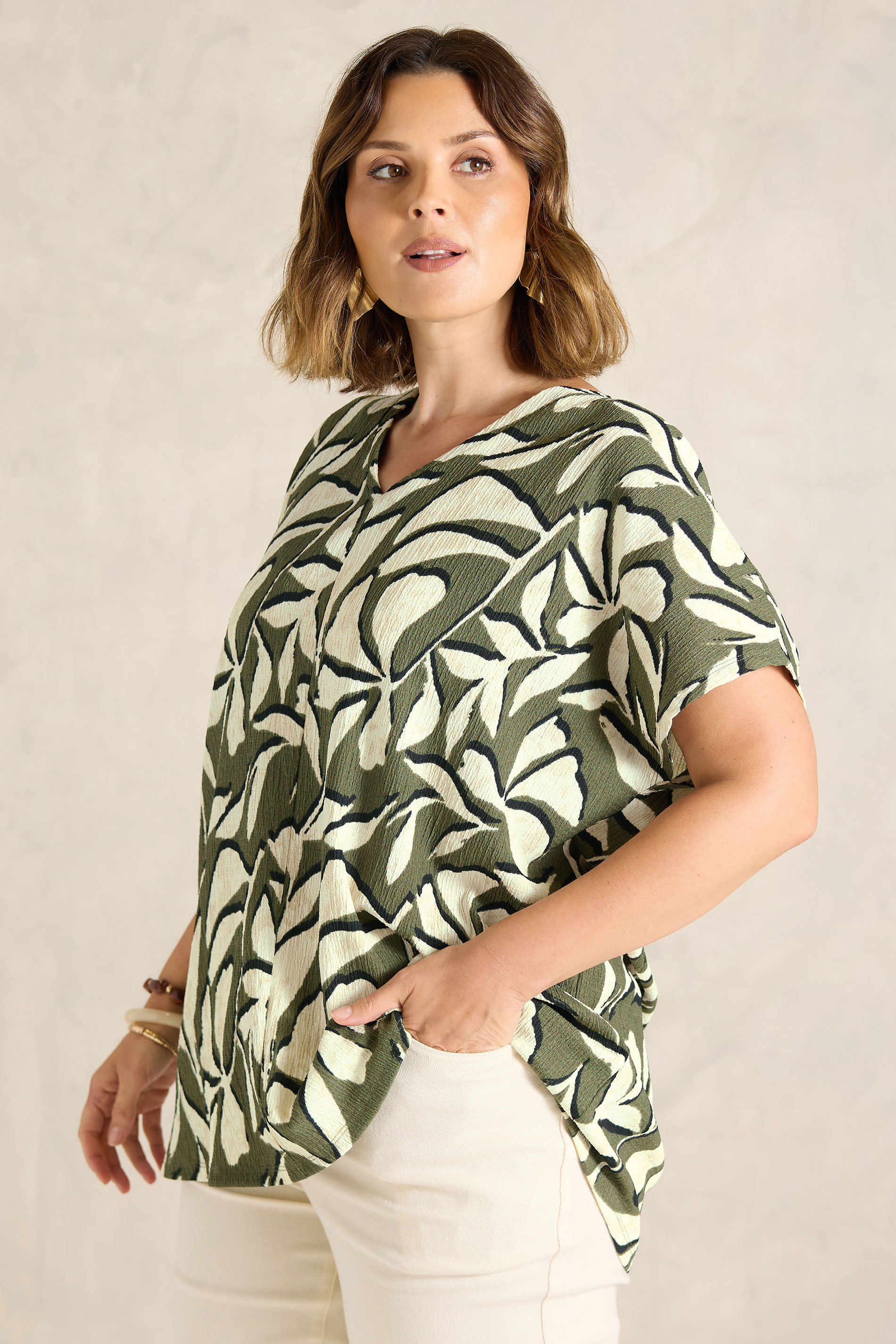 EVANS Plus Size Khaki Leaf Print Top | Evans 3
