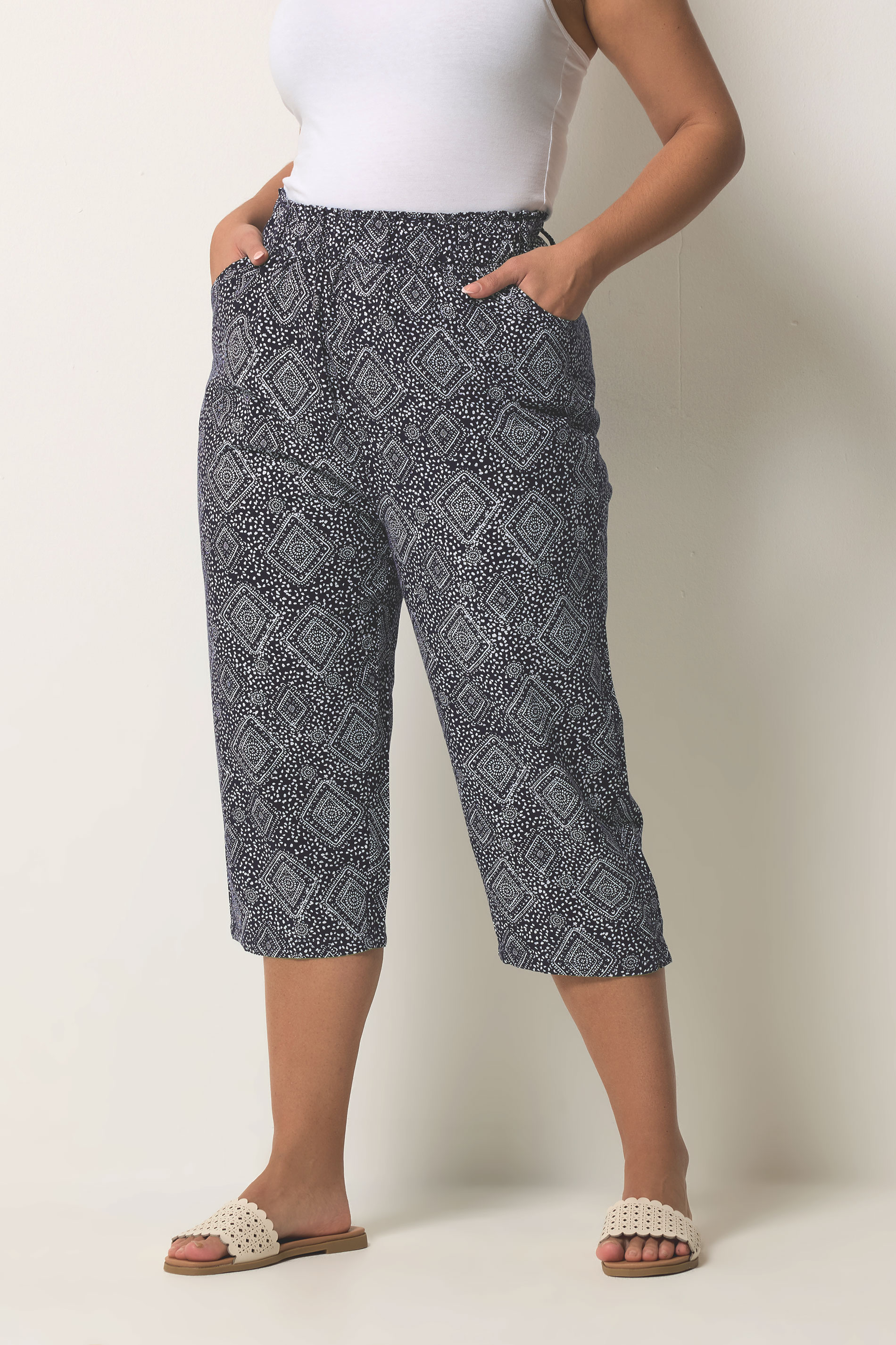 YOURS Plus Size Navy Blue Geometric Cool Cotton Cropped Trousers | Yours Clothing 3