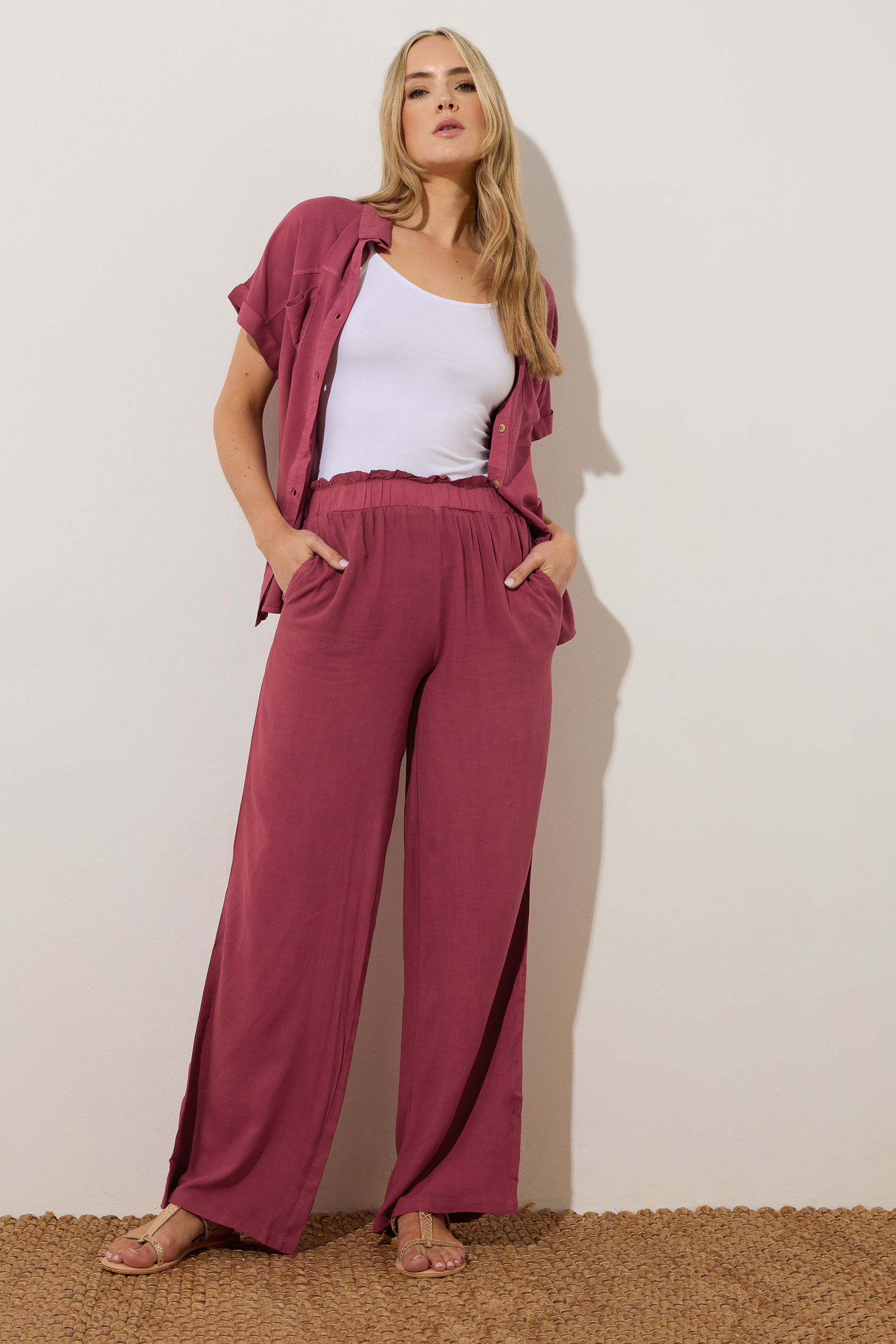 LTS Tall Berry Red Acid Wash Wide Leg Trousers | Long Tall Sally 2