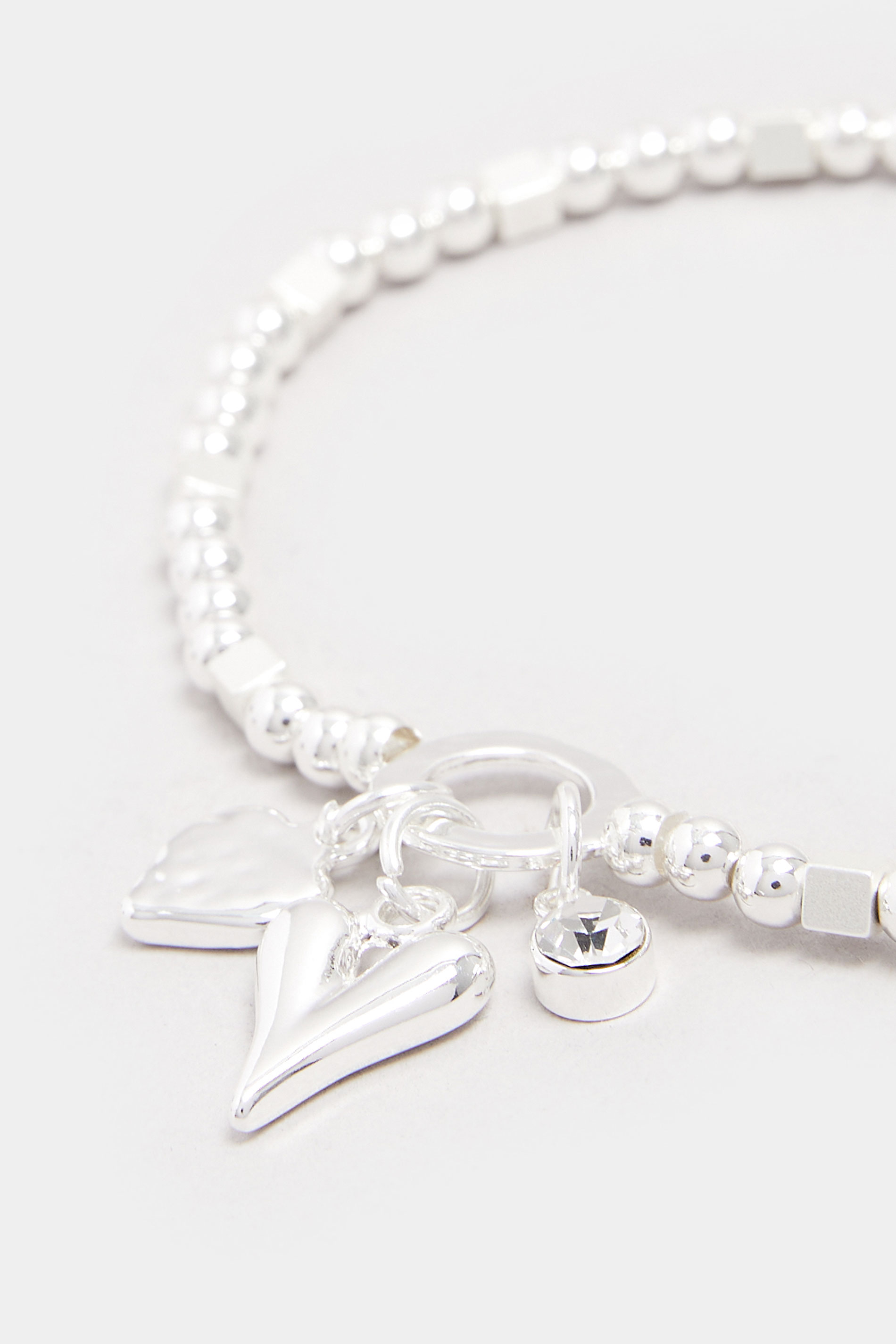 Silver Tone Beaded Heart Charm Stretch Bracelet | Yours Clothing 2