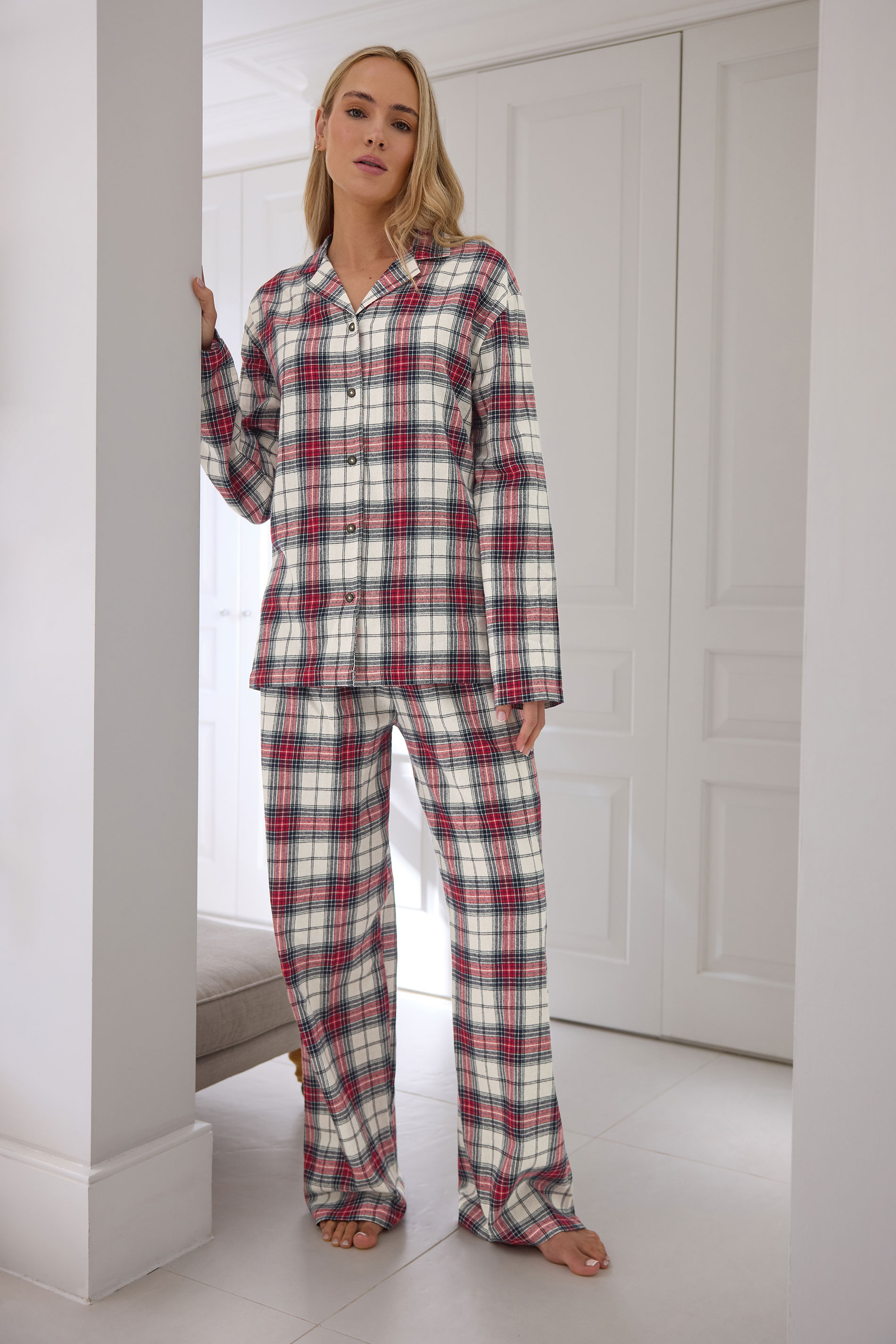 LTS Tall Ivory White & Red Cotton Check Pyjama Set | Long Tall Sally 3