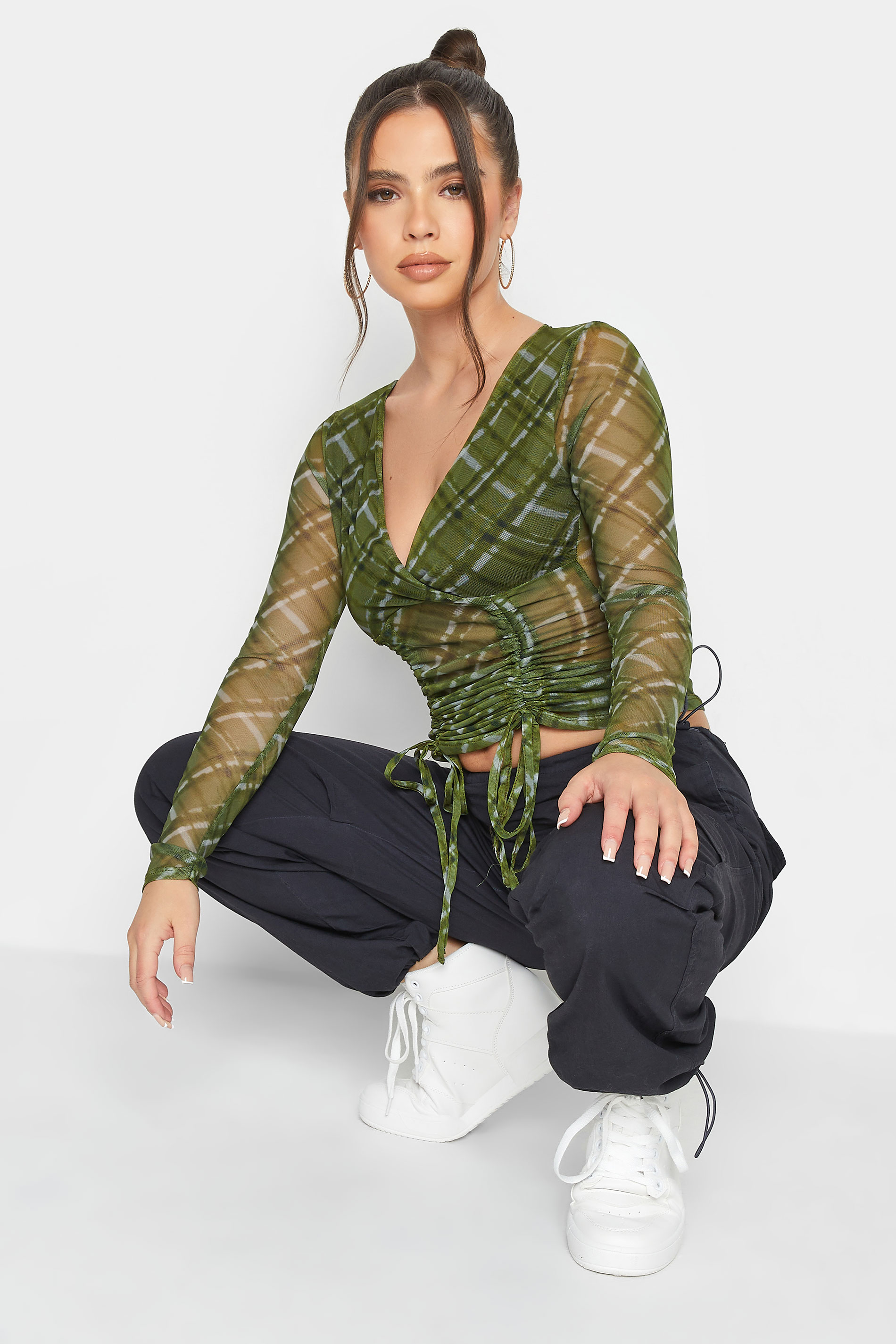 Petite Green Checked Ruched Front Wrap Top | PixieGirl  1