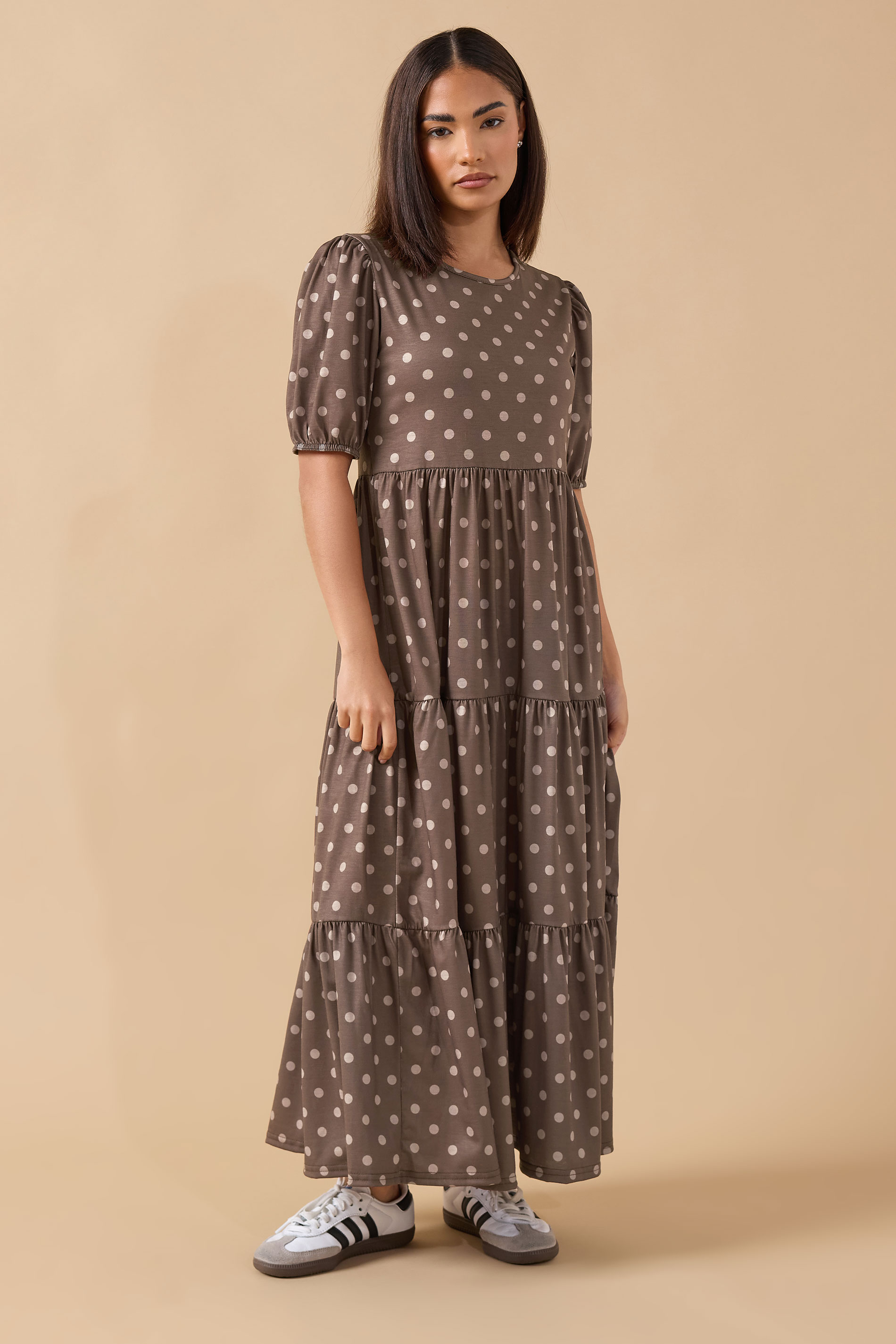 PixieGirl Petite Women's Chocolate Brown Polka Dot Tiered Dress | PixieGirl 3