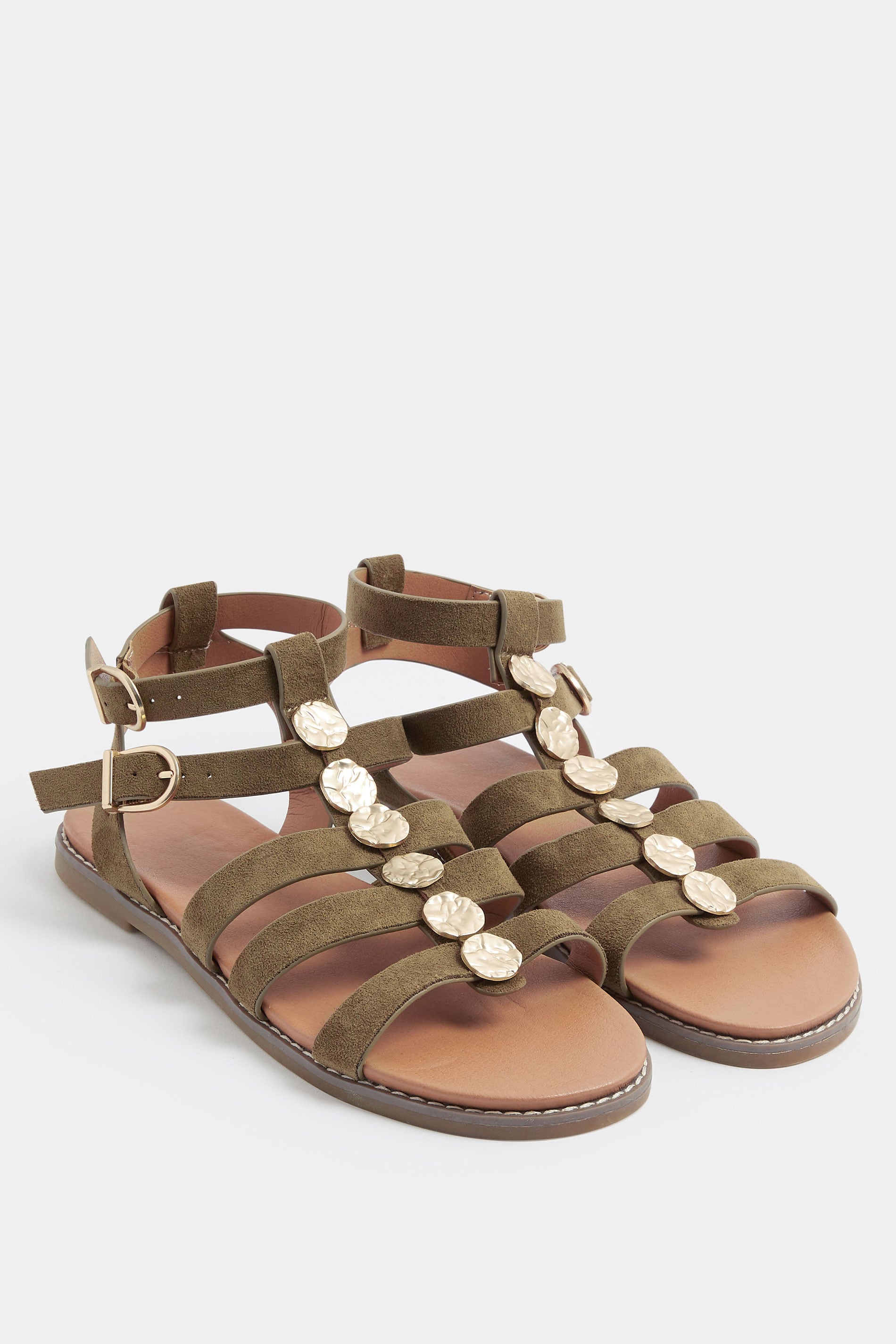 Khaki Green Hammered Disk Gladiator Sandals In Wide E Fit | Yours Clothing 1