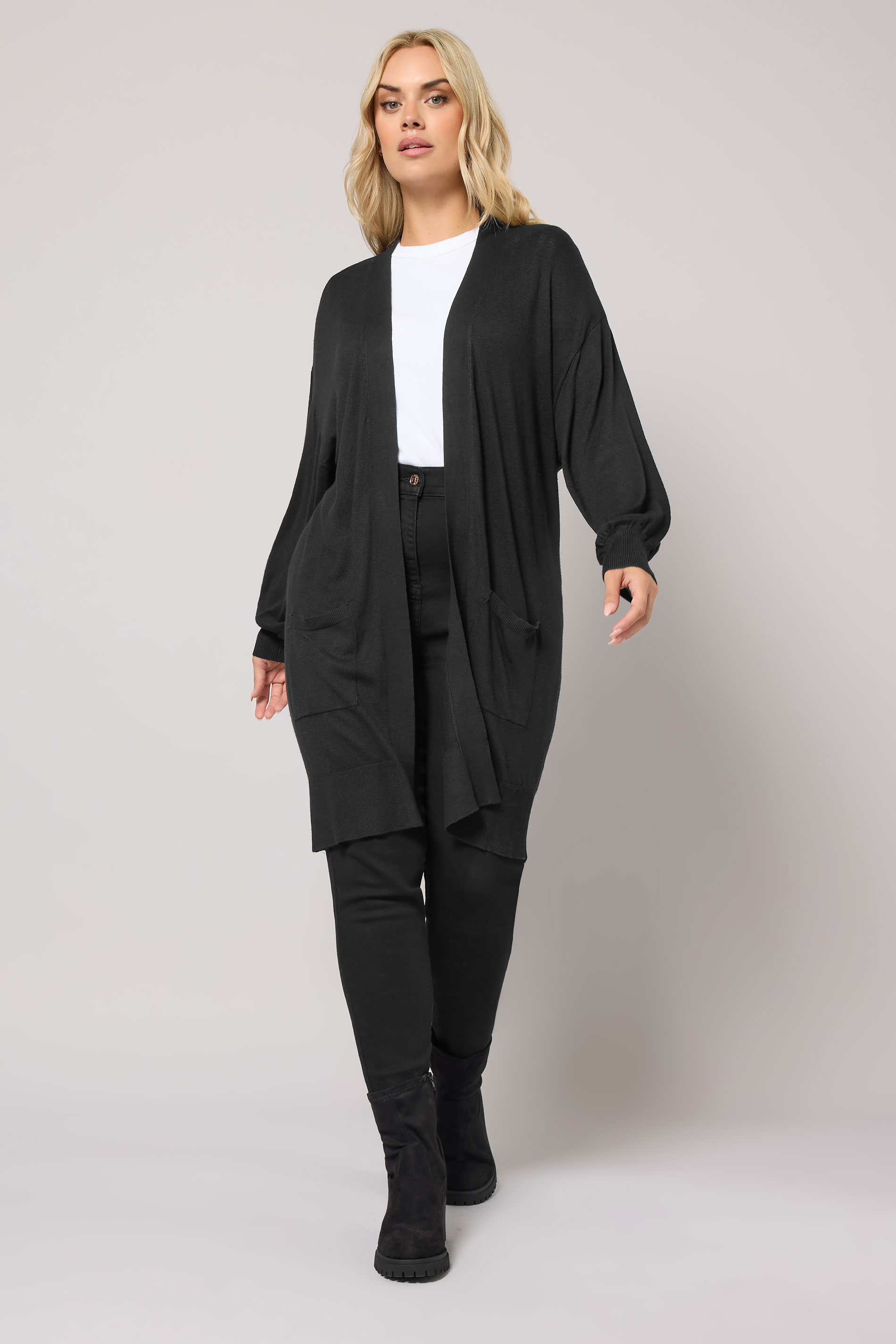 Plus Size Curve Black Balloon Sleeve Fine Knit Cardigan | Yours Clothing 1