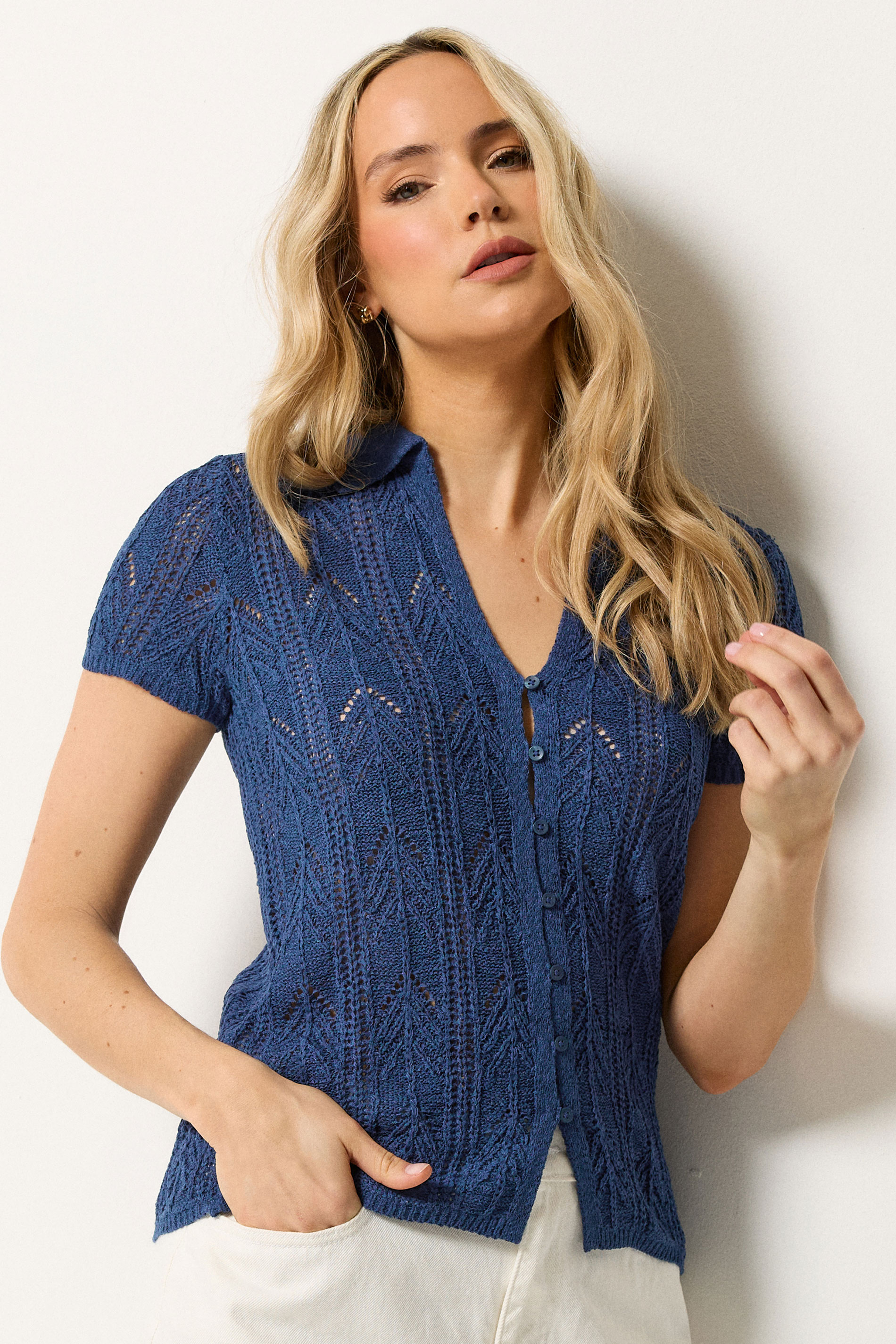 LTS Tall Women's Navy Blue Knitted Polo Cardigan | Long Tall Sally 3