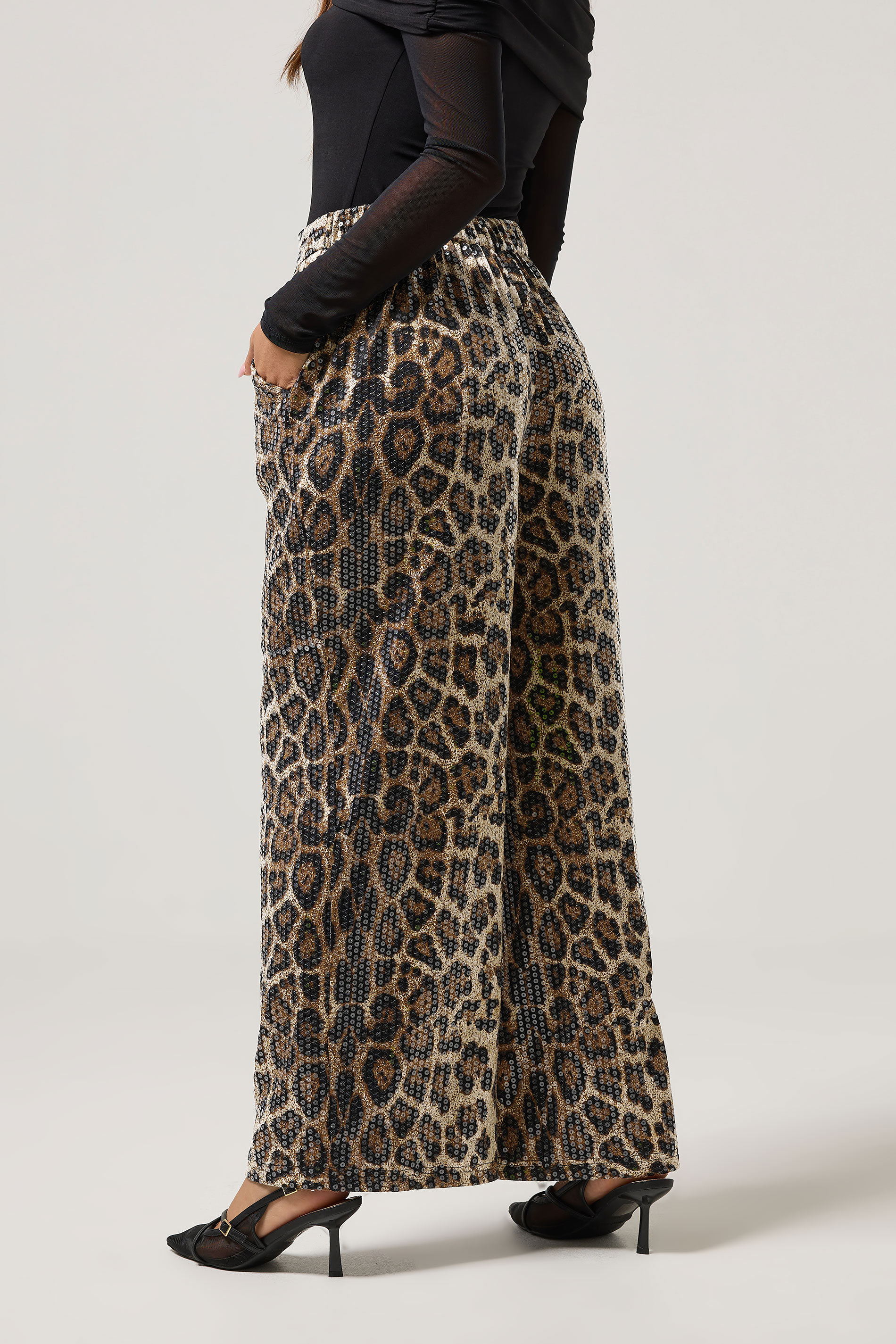 PixieGirl Petite Women's Brown Animal Sequin Wide Leg Trousers | PixieGirl 4