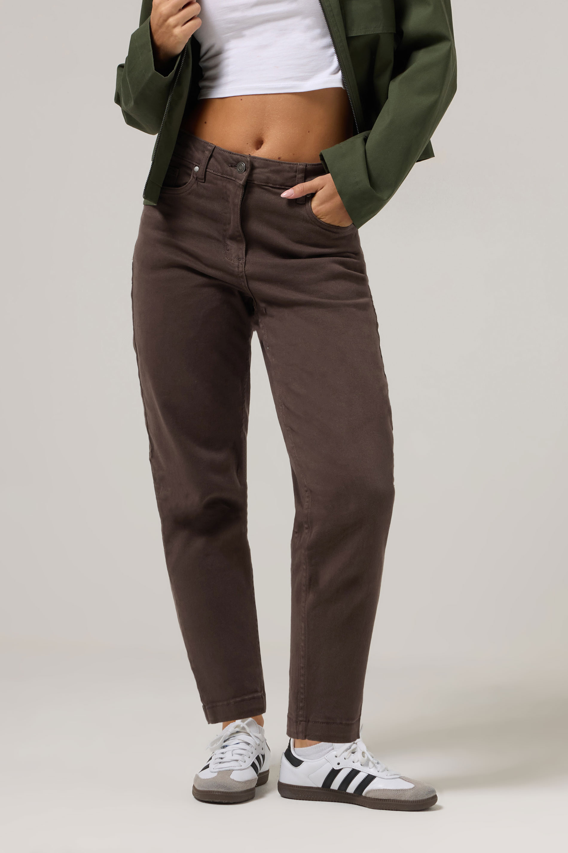 PixieGirl Petite Women's Chocolate Brown Non-Stretch Cotton Barrel Jeans | PixieGirl 2