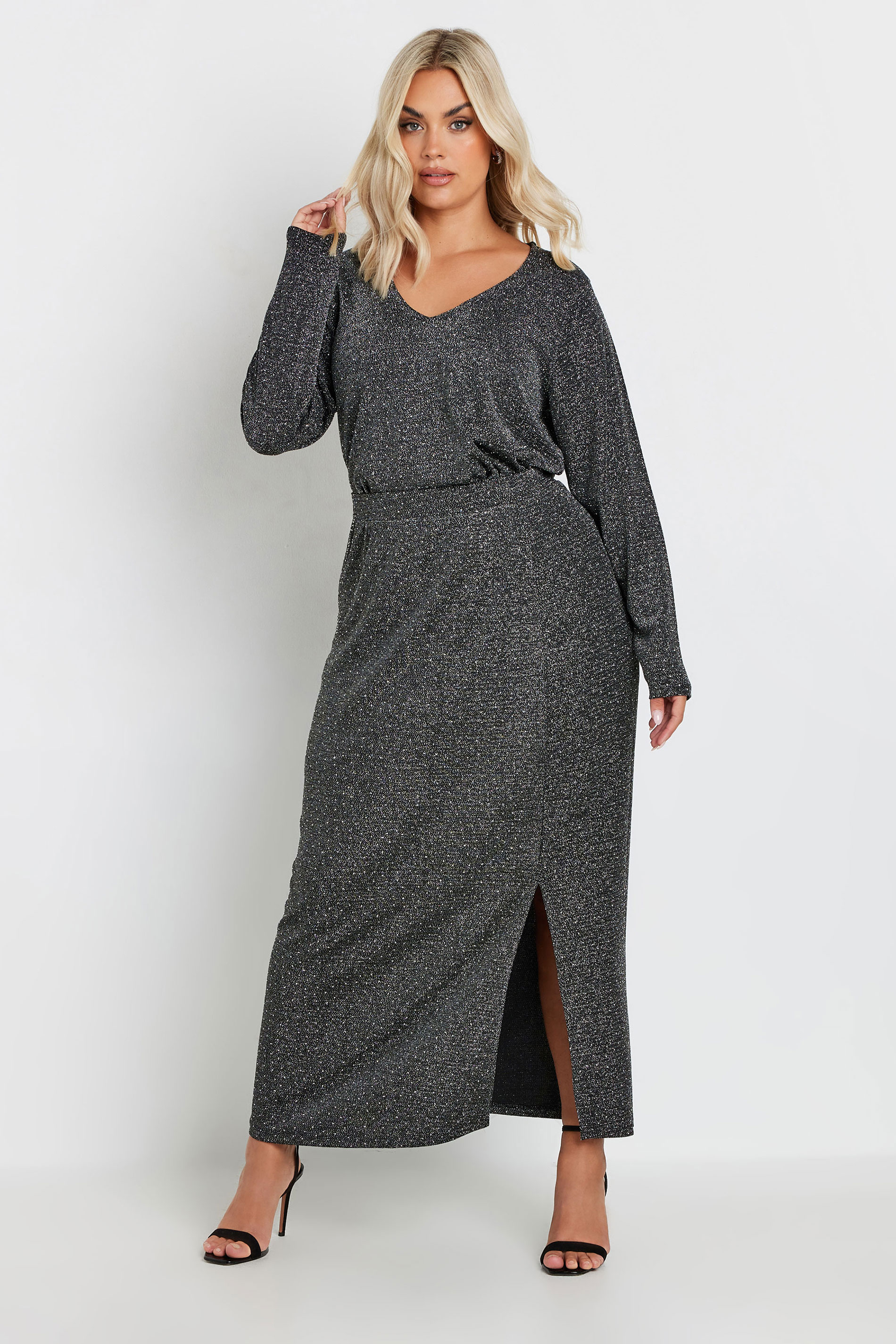 YOURS Plus Size Silver Metallic Side Split Midi Skirt | Yours Clothing 2