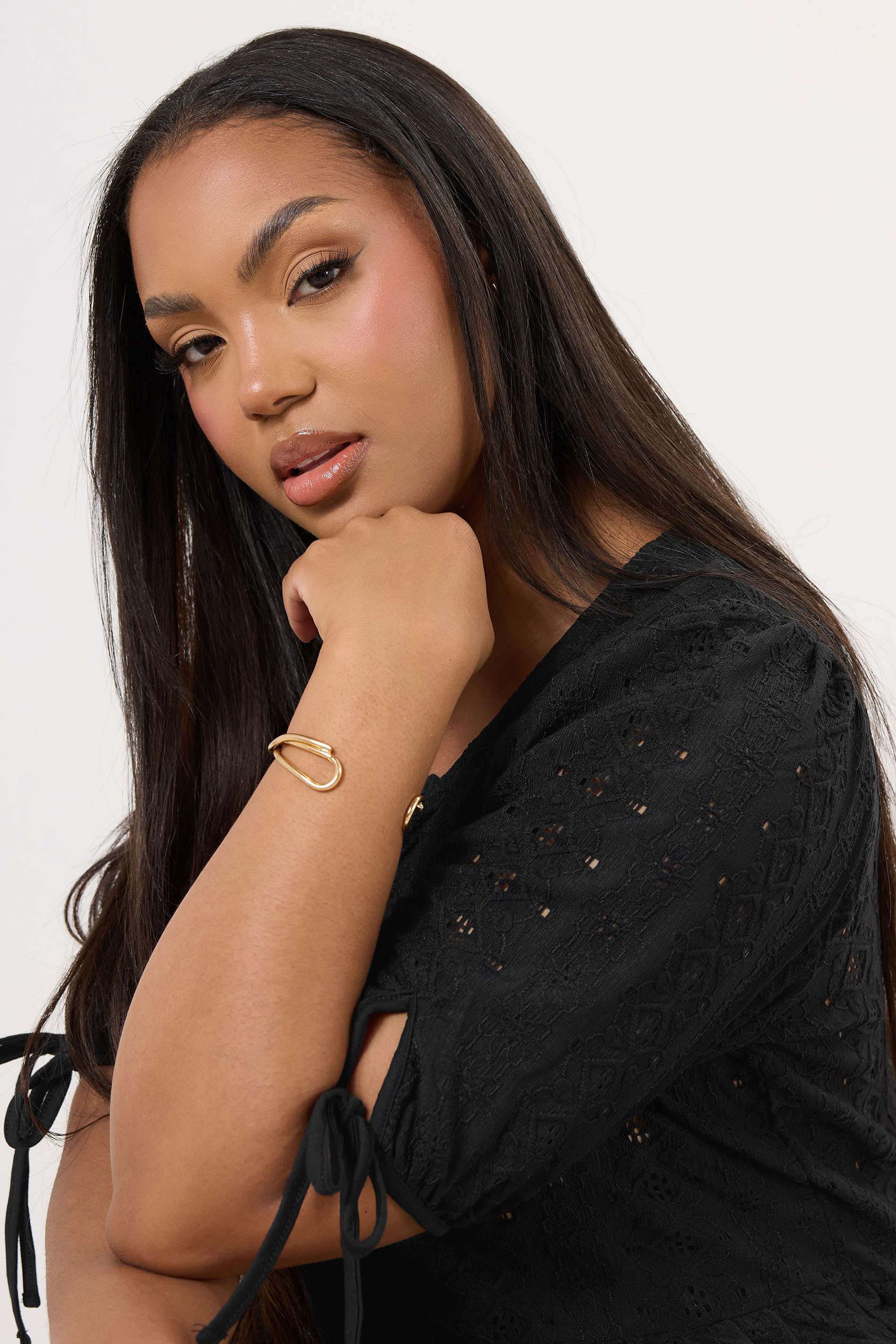 YOURS Plus Size Black Broderie Anglaise Bow Tie Front Peplum Top | Yours Clothing 5