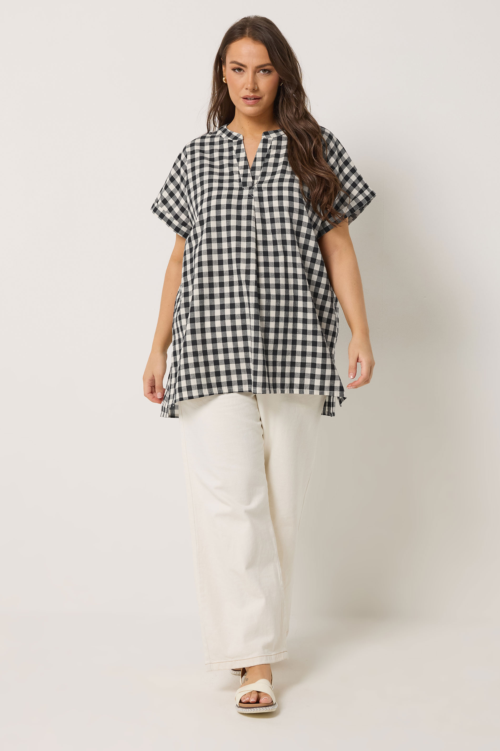 YOURS Plus Size Natural Brown Check Overhead Half Placket Shirt | Yours Clothing 1