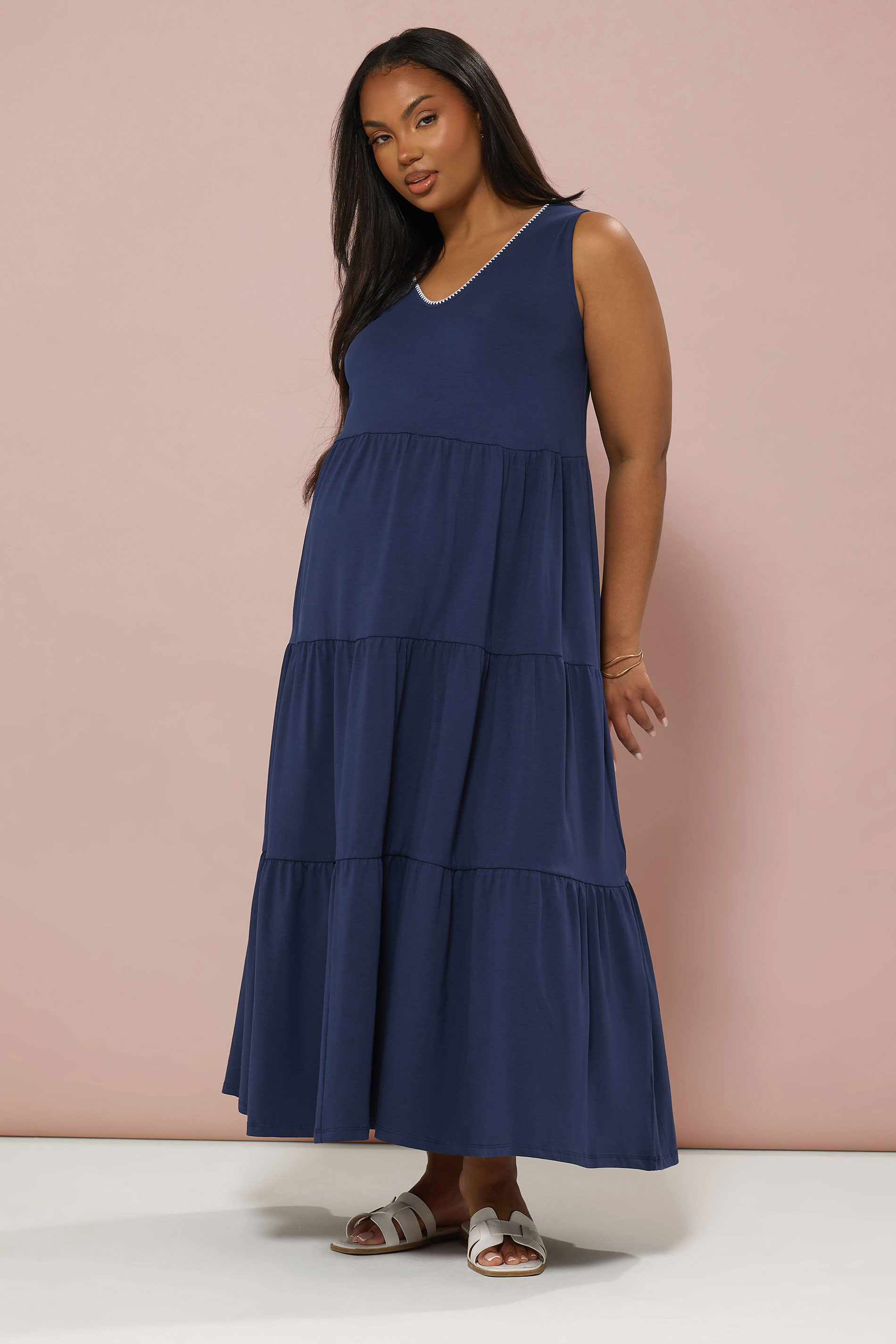 BUMP IT UP MATERNITY Plus Size Navy Blue Blanket Stitch Tiered Maxi Dress | Yours Clothing 4