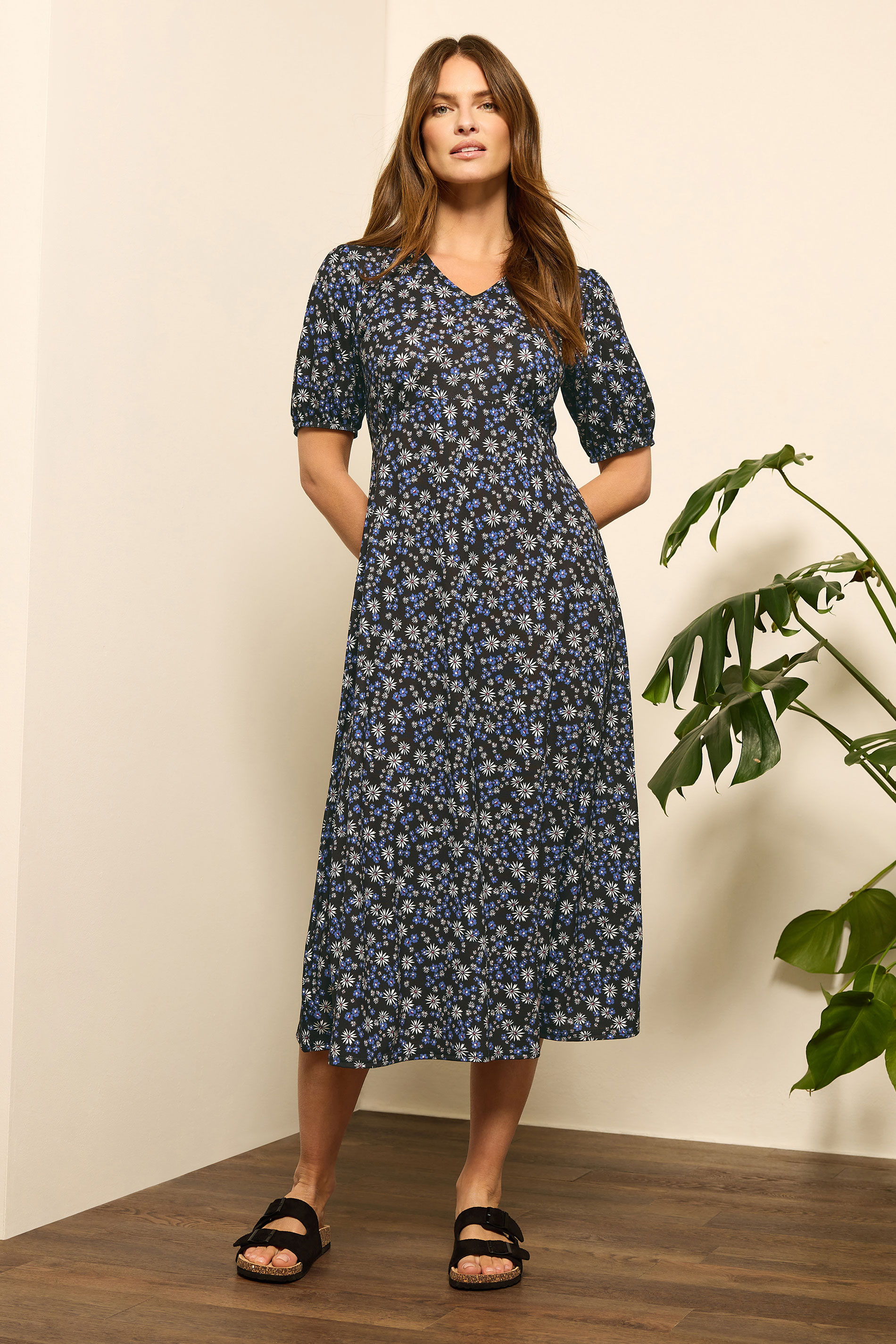 M&Co Black & Blue Floral Print Midi Dress | M&Co 3