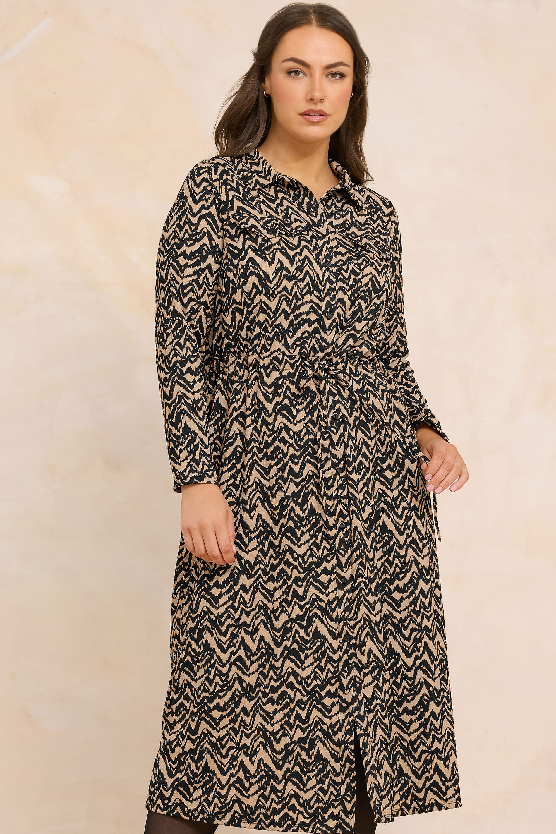 EVANS Plus Size Natural Brown Abstract Print Crepe Midi Shirt Dress | Evans 3