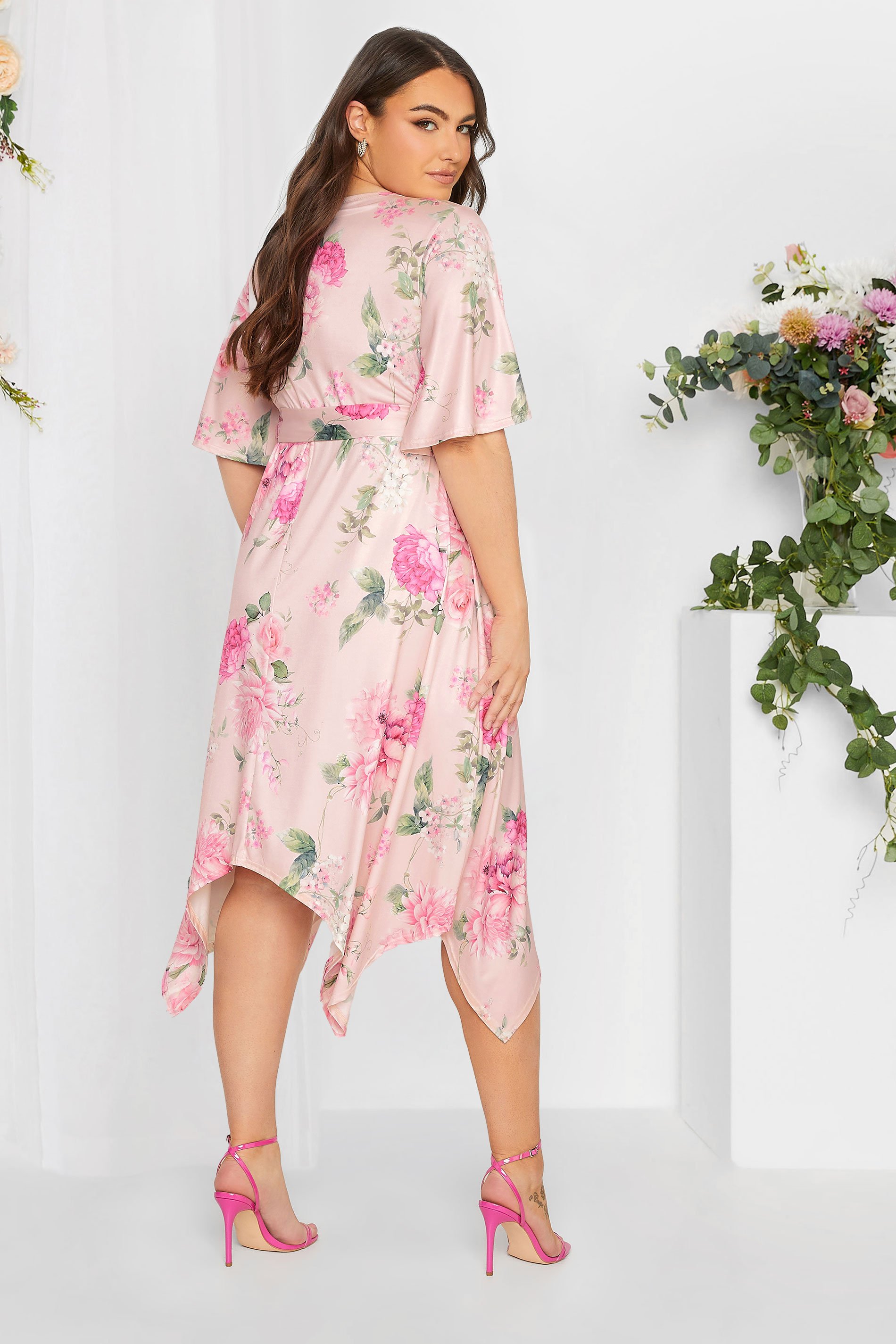 YOURS LONDON Curve Plus Size Light Pink Floral Hanky Hem Dress | Yours Clothing  3