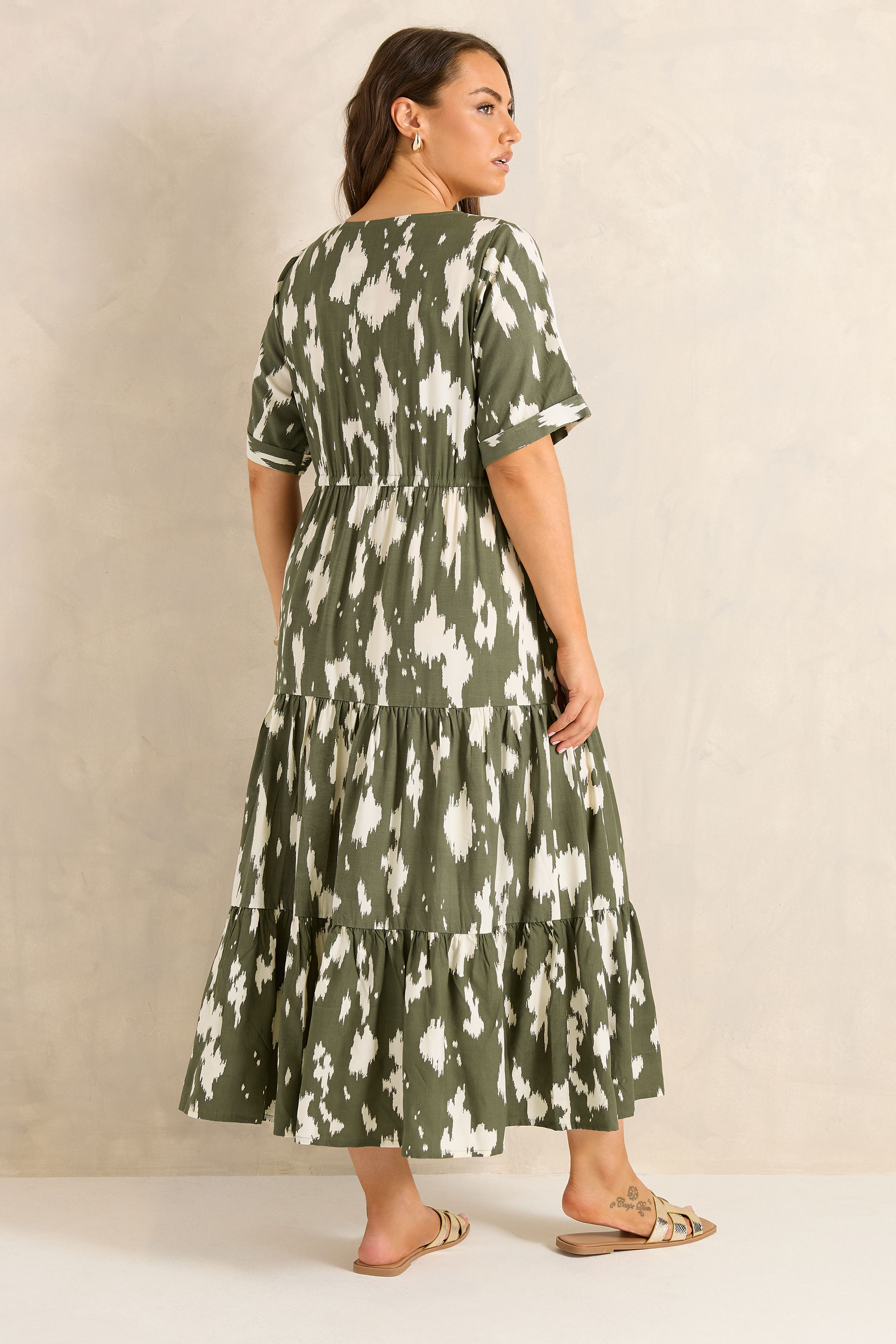 EVANS Plus Size Khaki Green Abstract Placket Dress | Evans 4