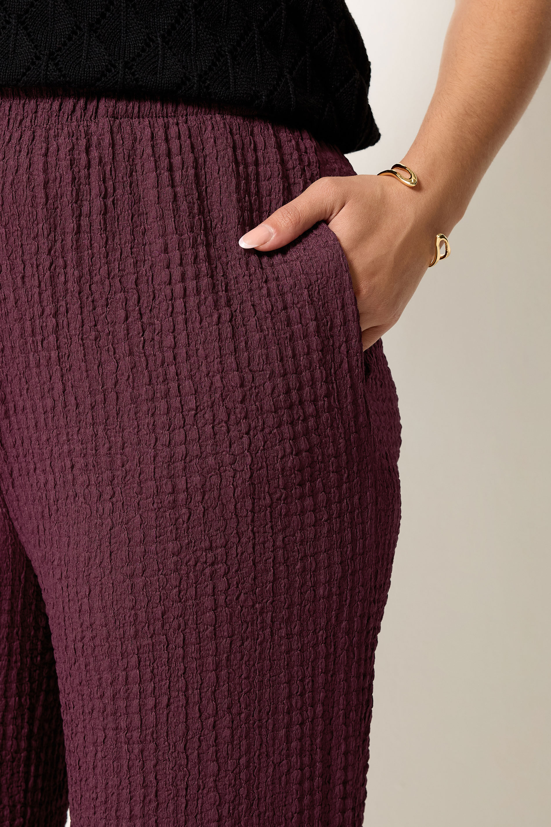 YOURS Plus Size Burgundy Red Bubble Textured Trousers | Yours Clothing 4