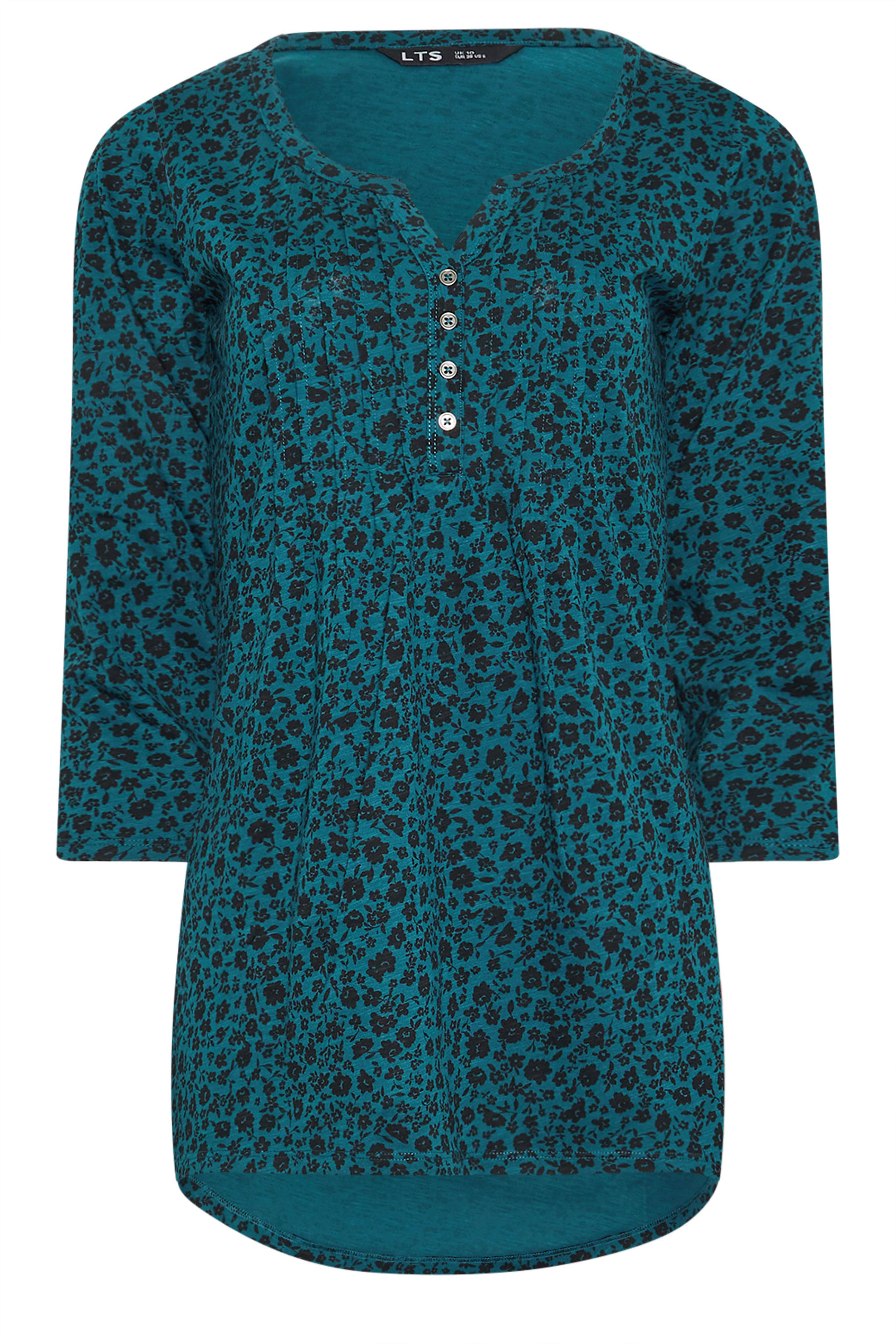 LTS Tall Teal Blue Ditsy Floral Cotton Henley Top | Long Tall Sally 5