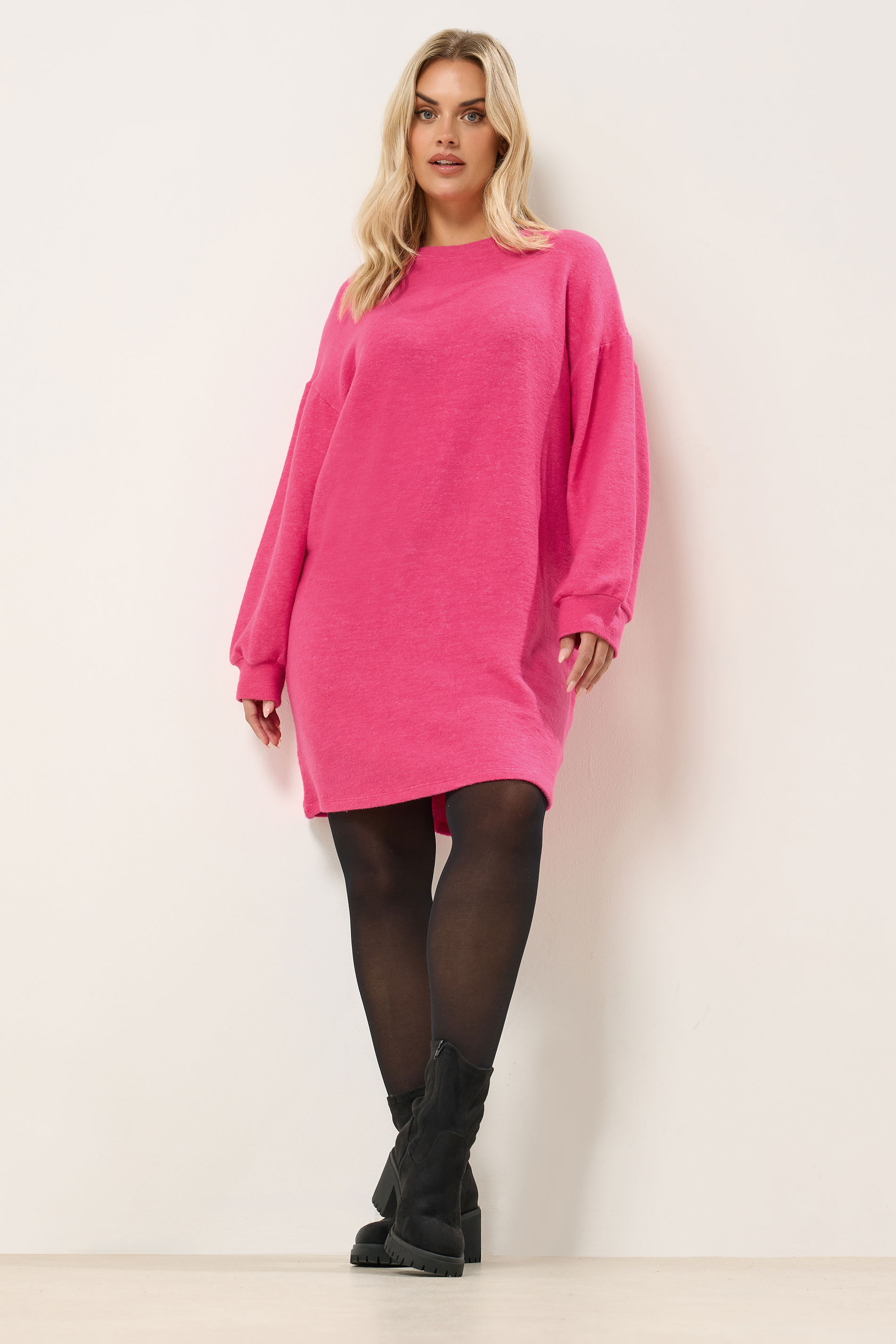 YOURS Plus Size Hot Pink Soft Touch Jumper Dress | Yours Clothing 1