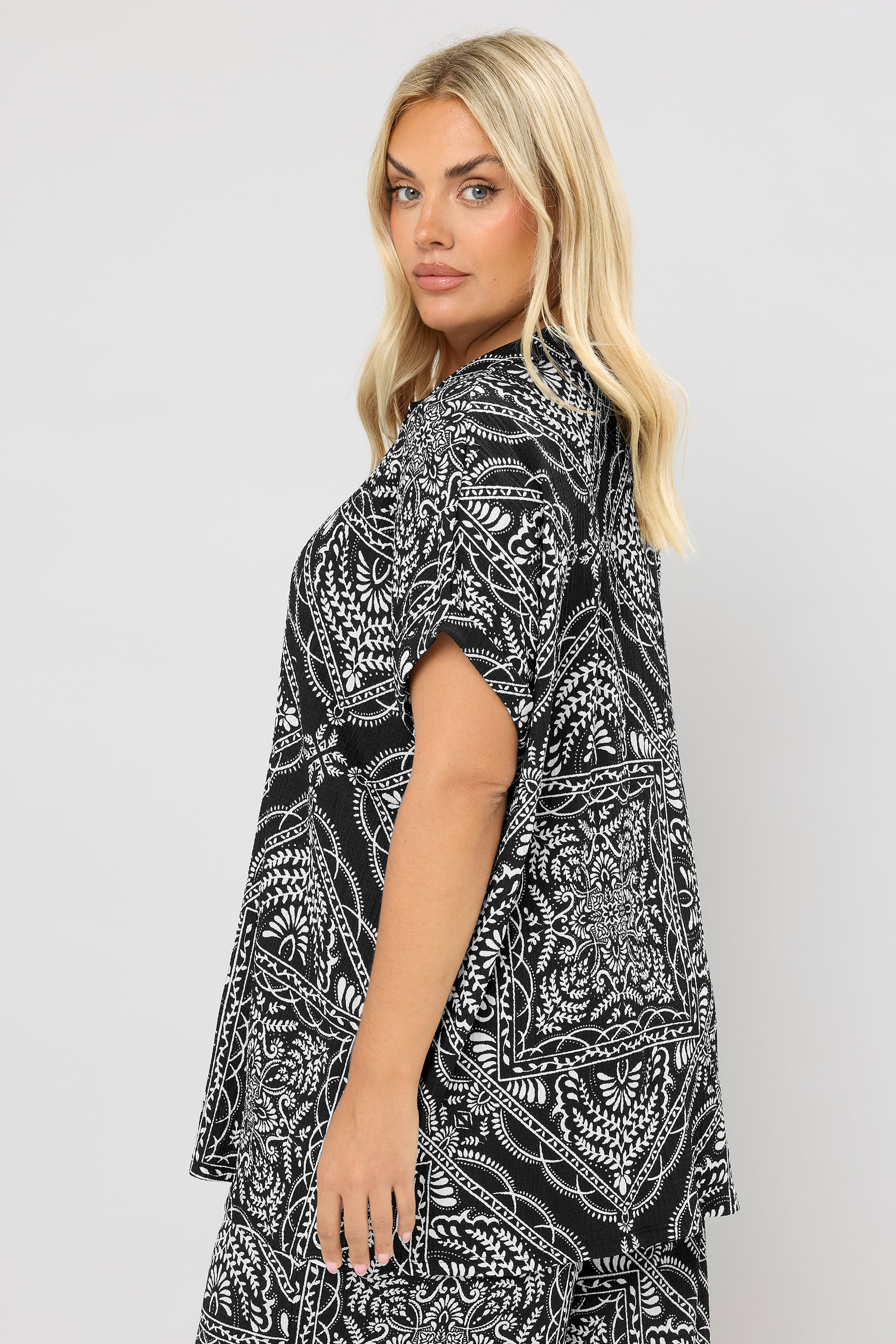 YOURS Plus Size Black & White Bandana Print Textured Shirt | Yours Clothing 2