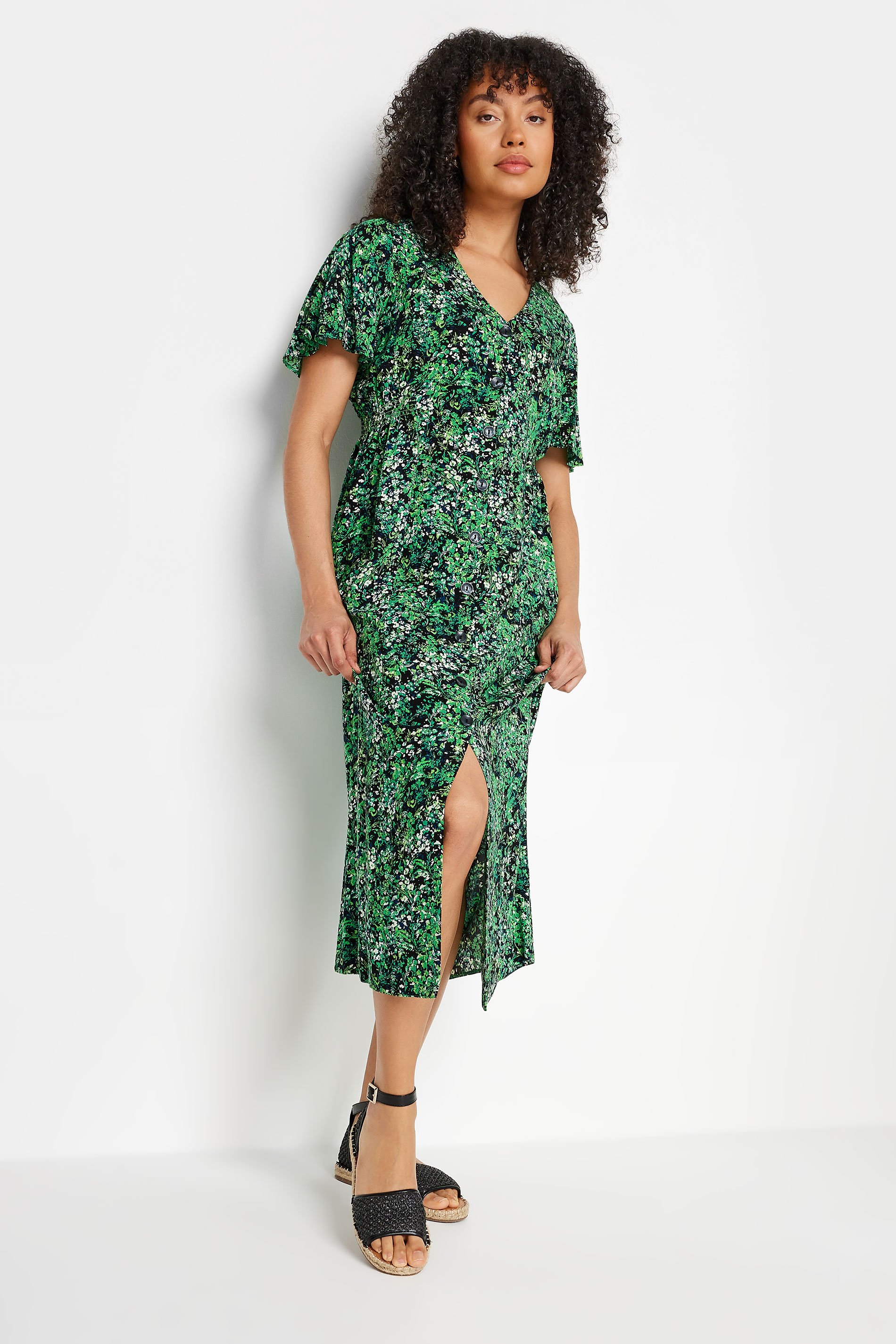 M&Co Green Floral Print Button Through Midi Tea Dress | M&Co 1